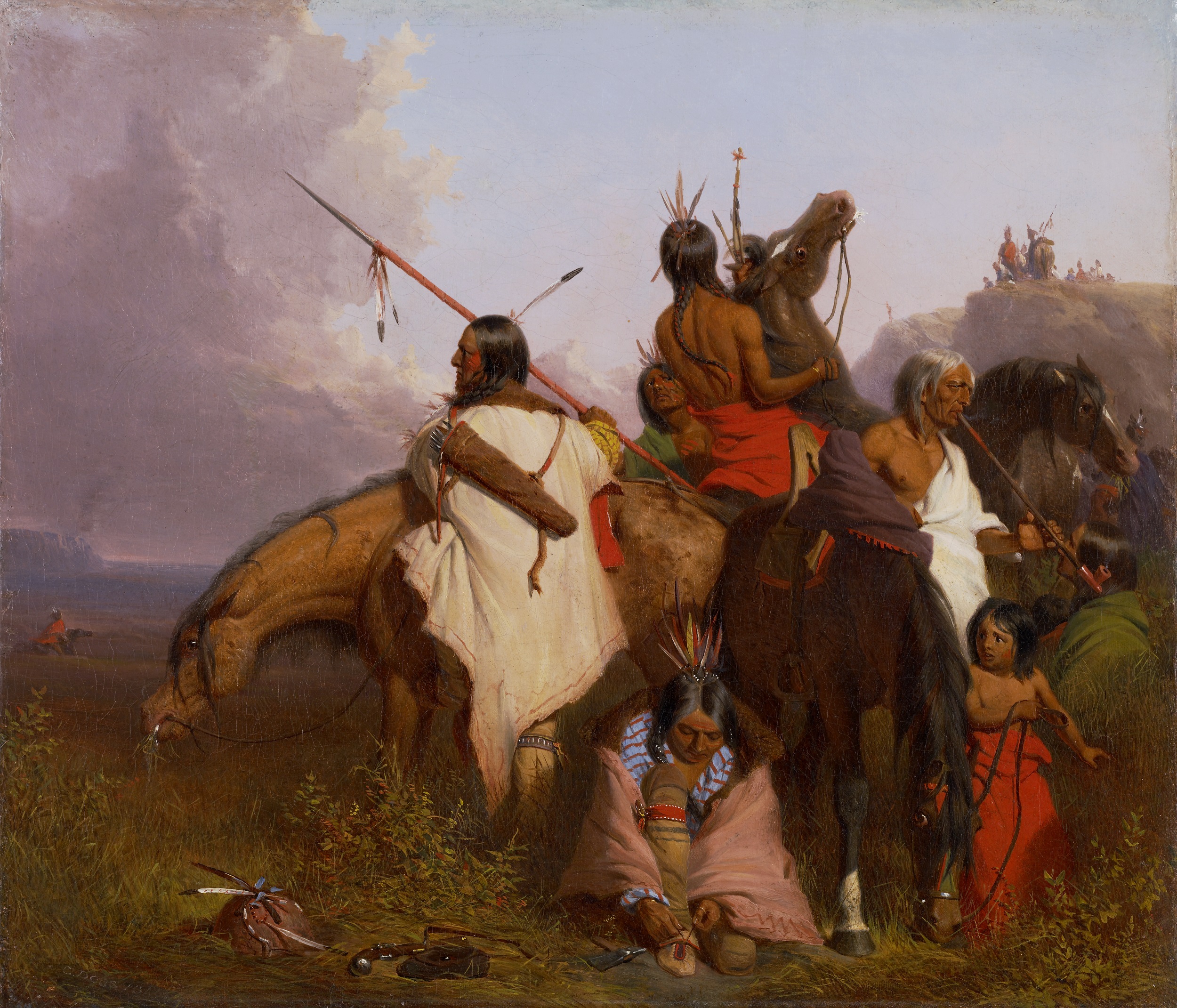 Oil painting of a family of Native Americans stopping in the middle of a journey