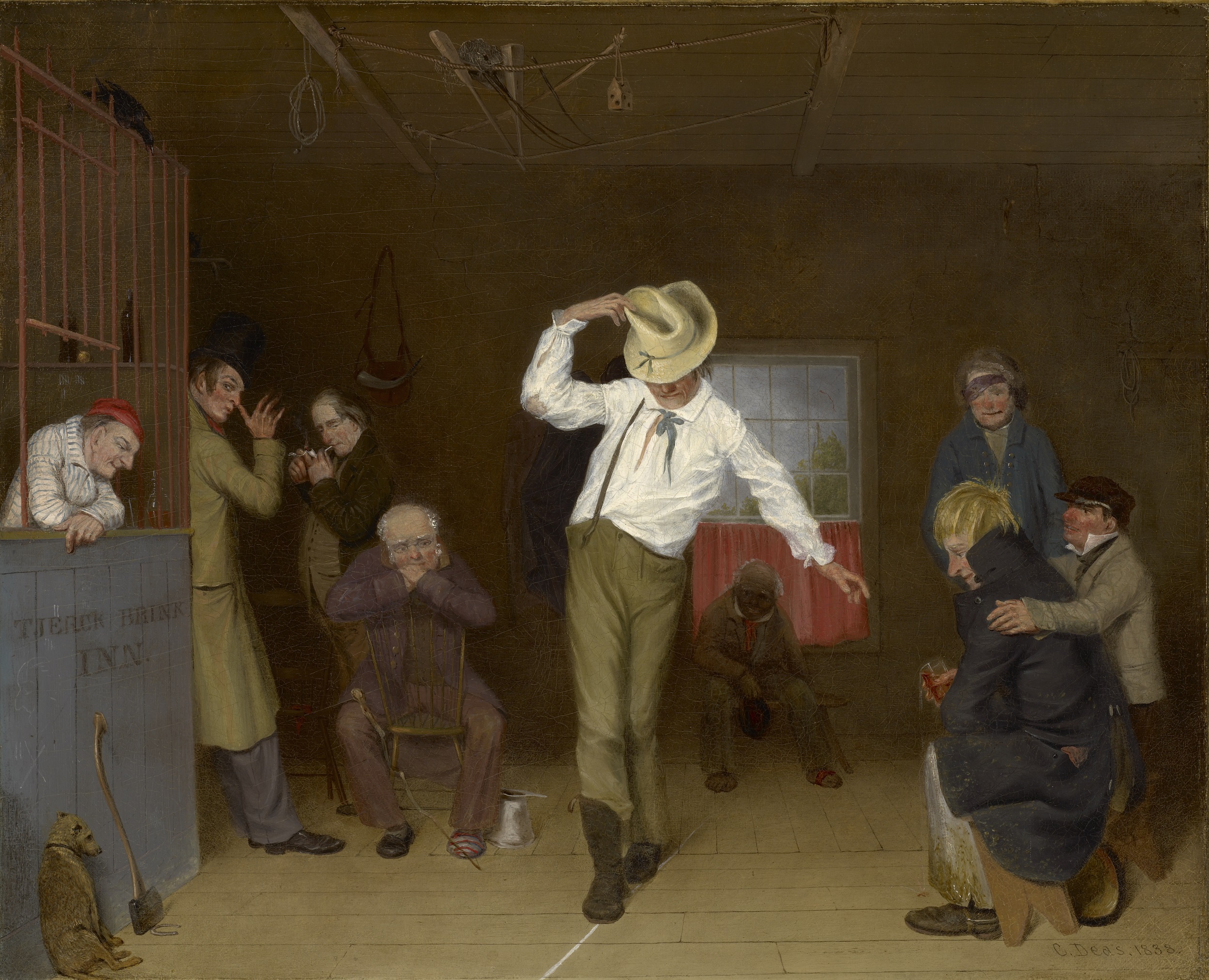 Oil painting of a man in a hat walking along a white line chalked onto a wooden floor, with other men watching.