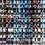Abstract photographic composition with black, blue, and white hues, with some red, forming an irregular grid
