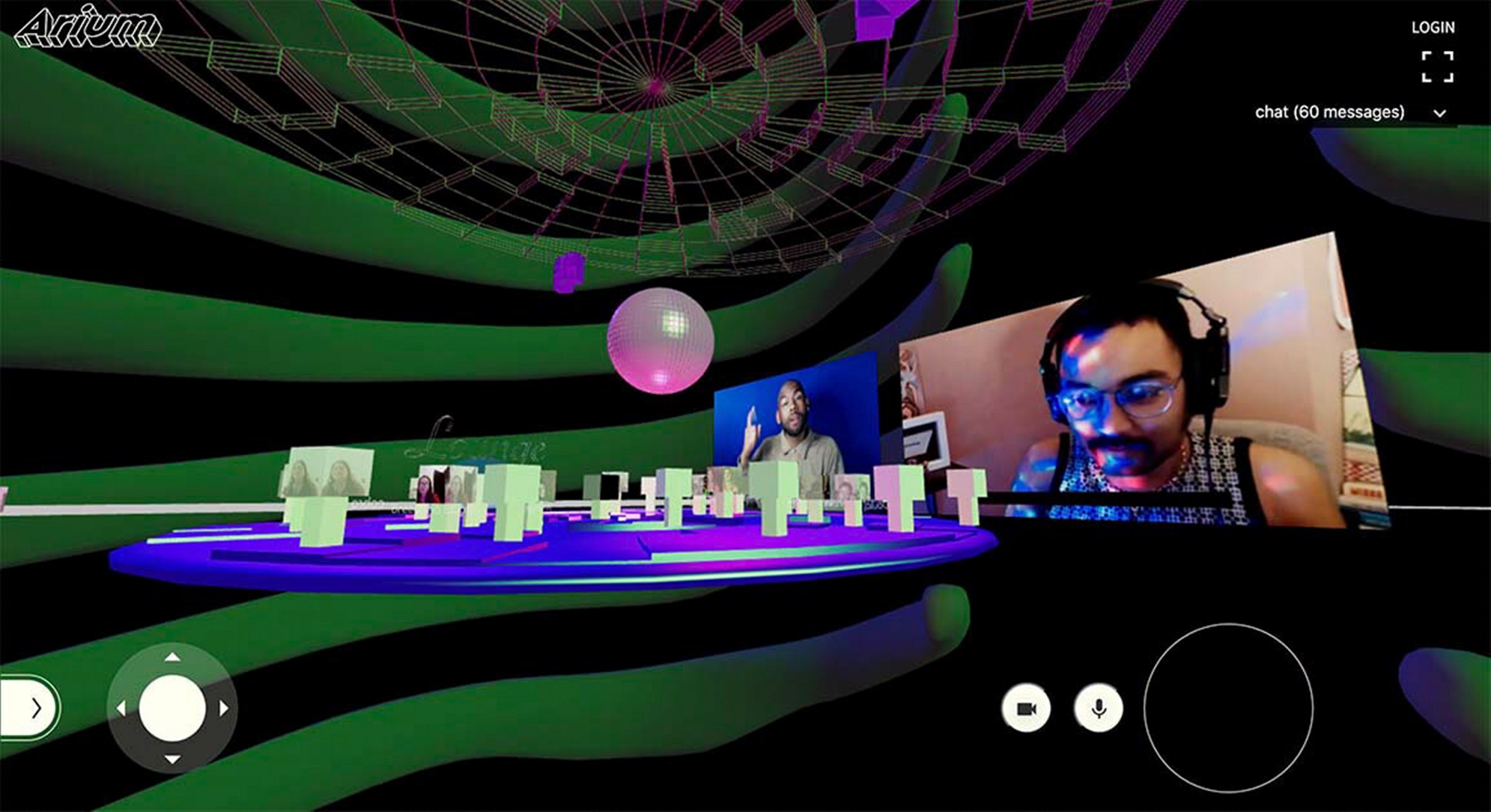 Two video planes float in the 3D digital space, side by side, and feature a person on the left mid-ASL interpretation and DJ Queer Shoulders with headphones on and party lights on their face. There is a pink disco ball in the center of the space under which virtual partygoers are gathered. Green riblike 3D elements wrap the space.