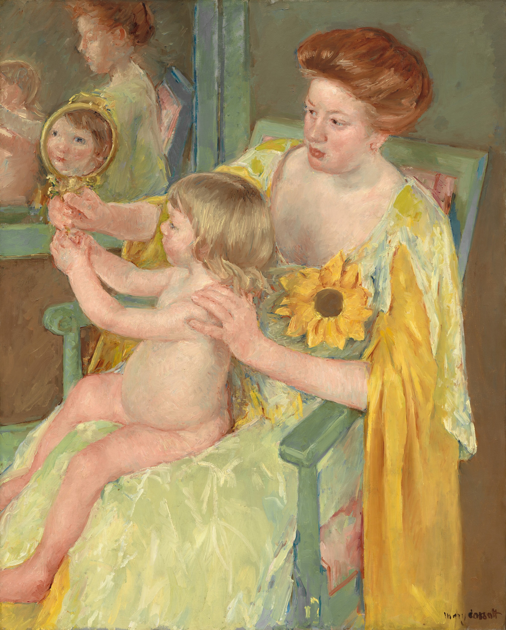 A nude child sits on the lap of a woman with red hair, who wears a green and yellow nightgown with a large sunflower at her breast. The woman and child's reflections are visible in two mirrors, one on the wall and one held by the child.