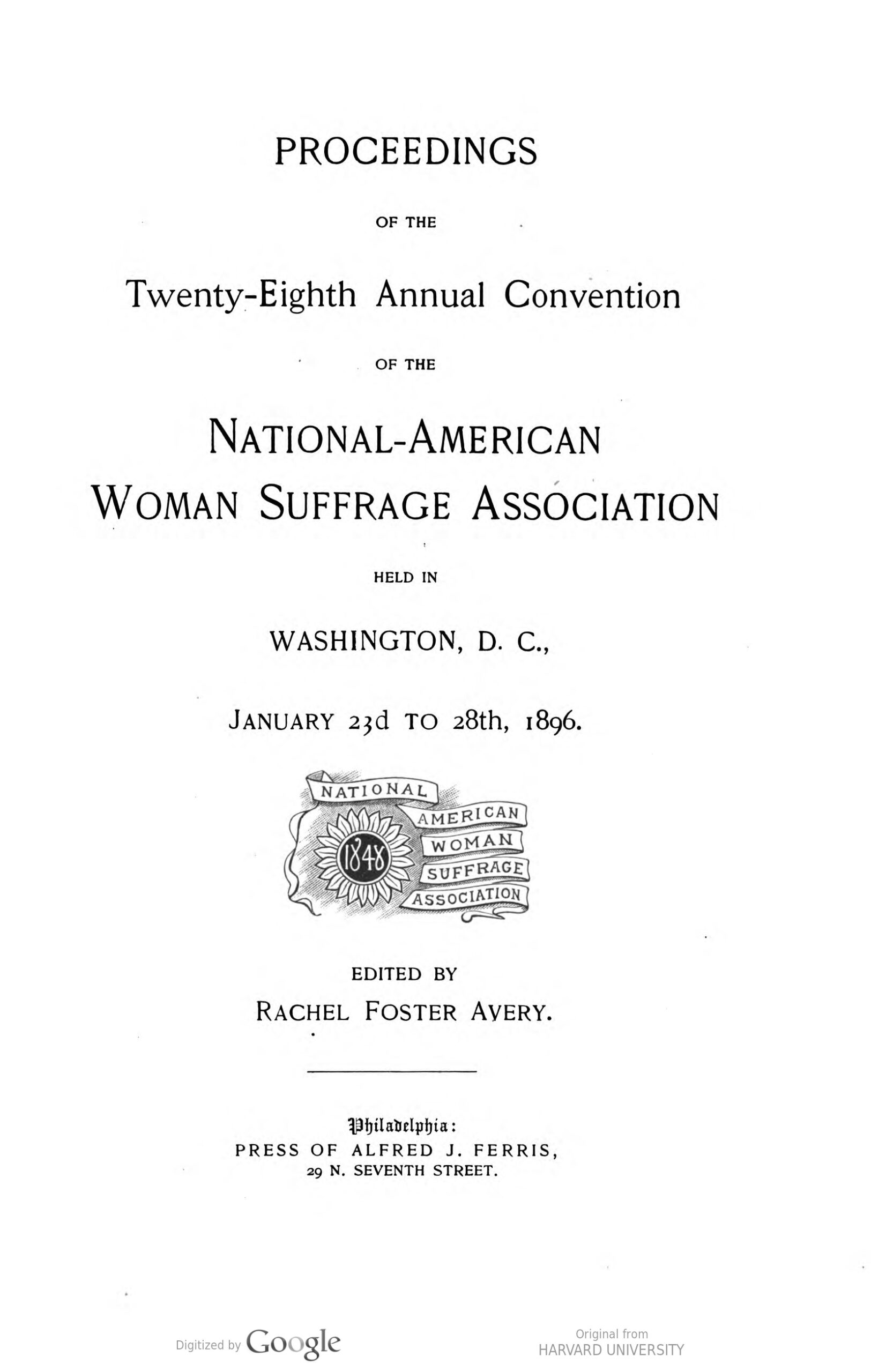 Printed title page for the 28th Annual Convention of the National-American Woman Suffrage Association, including a logo in the form of a sunflower.