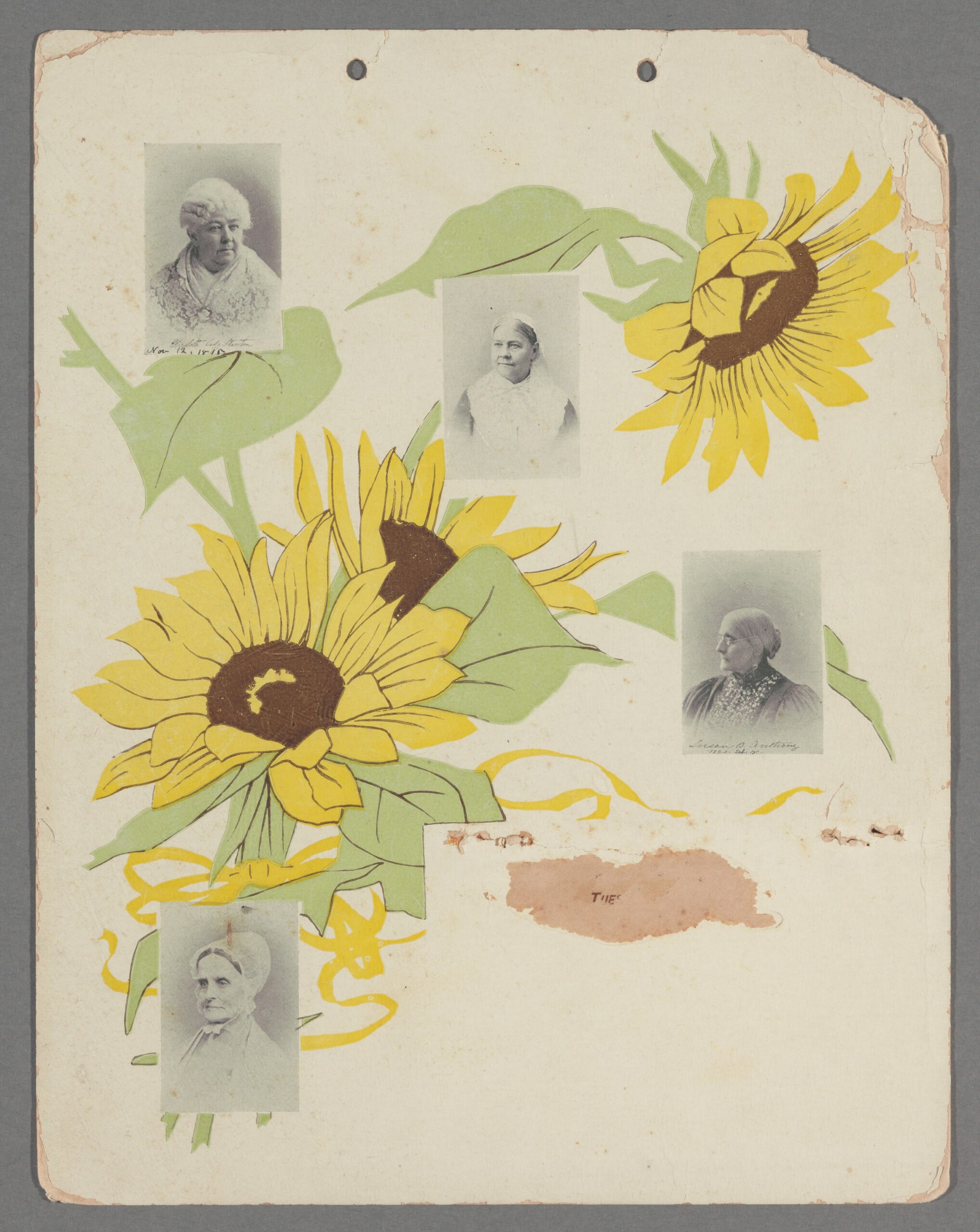 Page from a scrapbook featuring the black-and-white photographs of four women and three large sunflowers