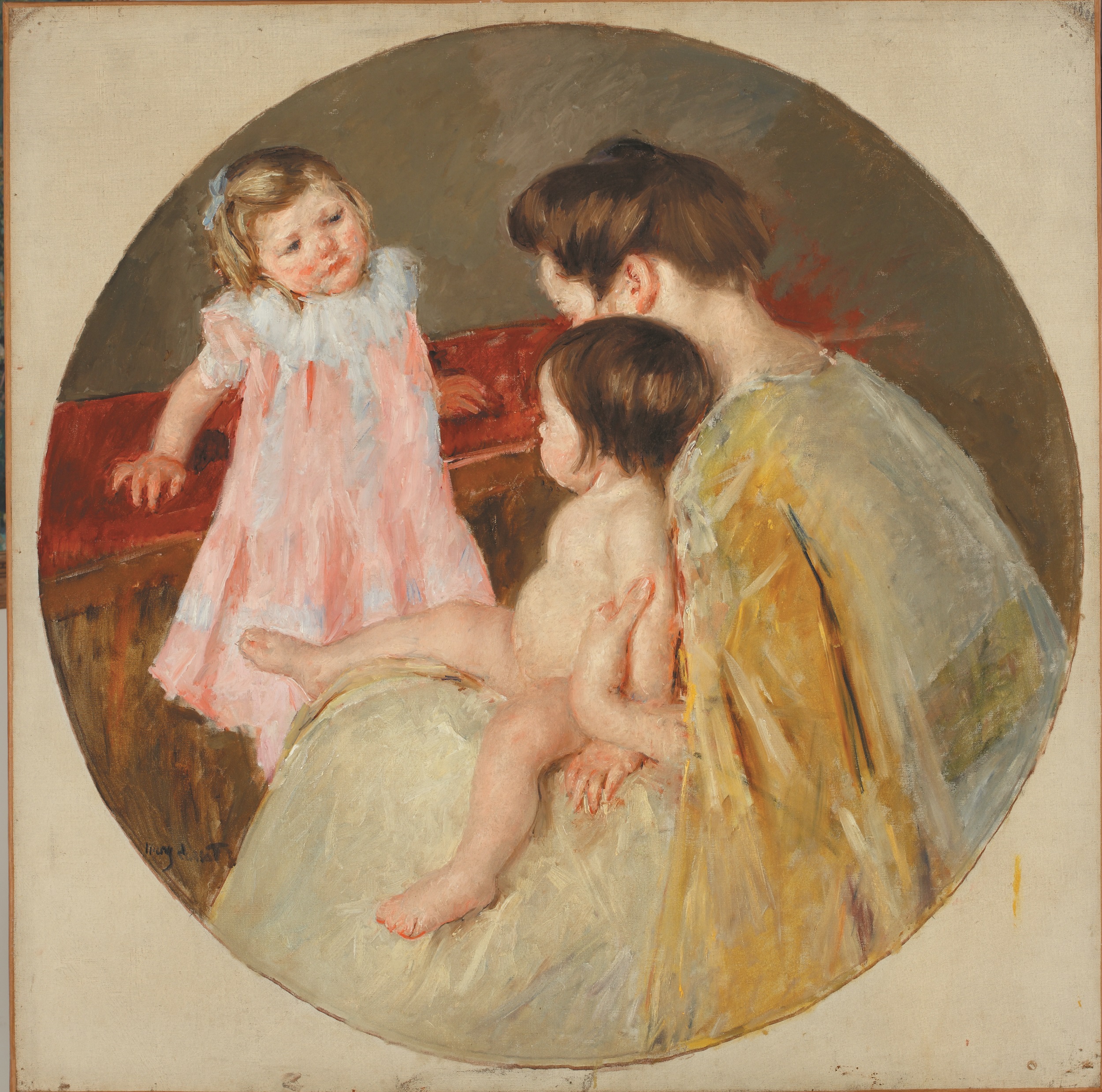 Round painting of a nude child seated on the lap of a woman in a nightgown, with a young girl in a pink dress looking on