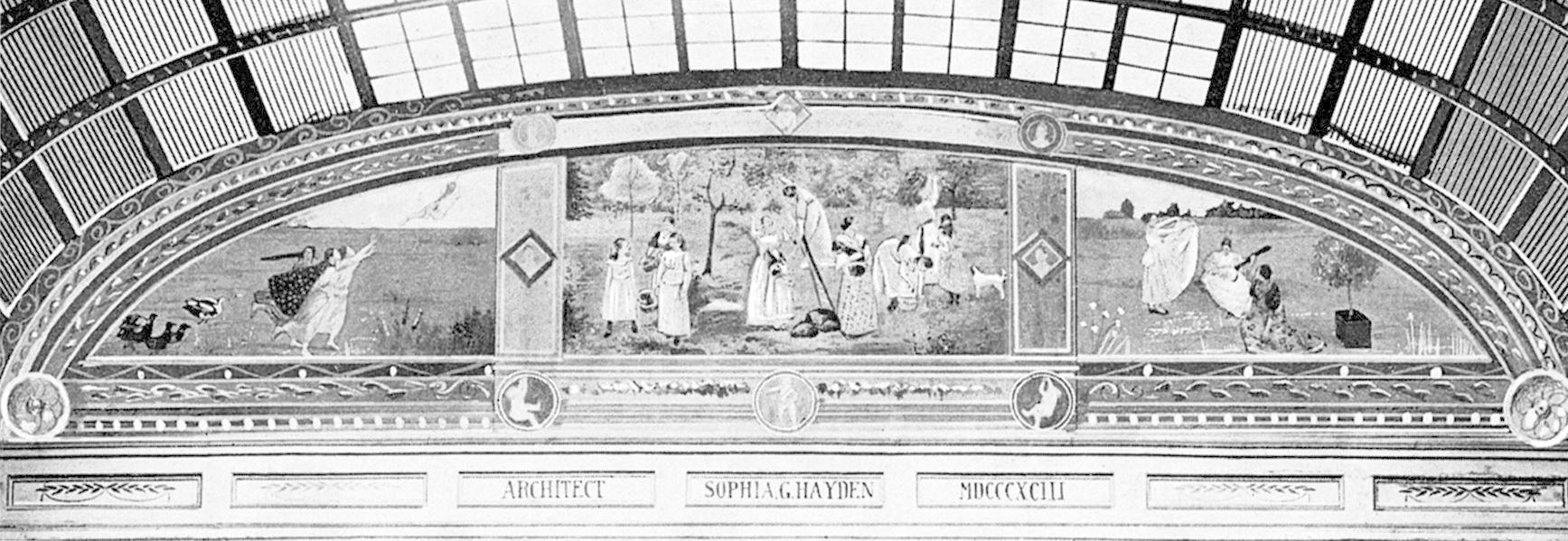 Black-and-white photograph of a mural just below an arched ceiling covered with skylights