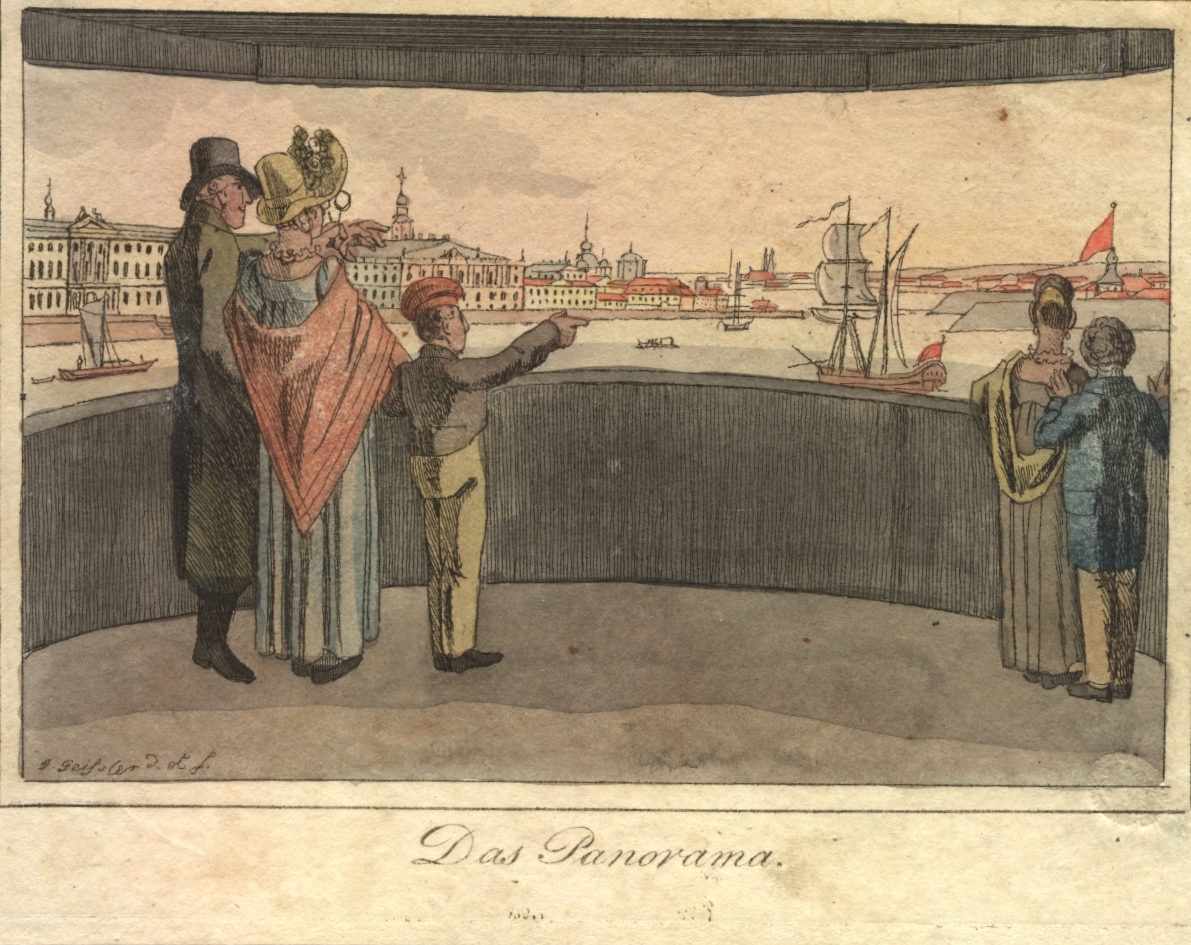 Hand-colored print of adults and children in nineteenth-century clothing viewing a circular panorama; the words "Das Panorama" are in script below