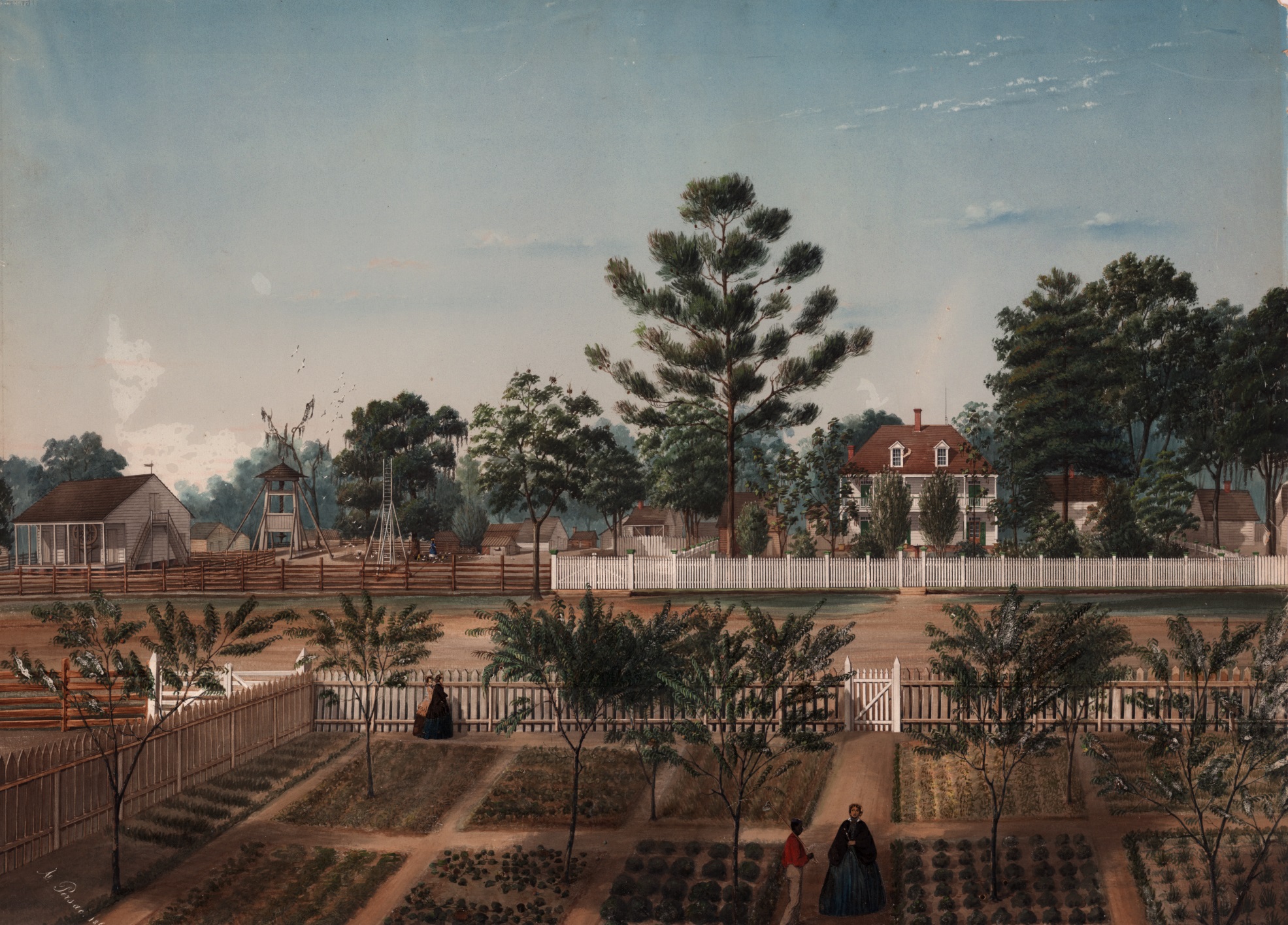 A nineteenth-century landscape painting showing cultivated fields, trees, white fences, and outbuildings.