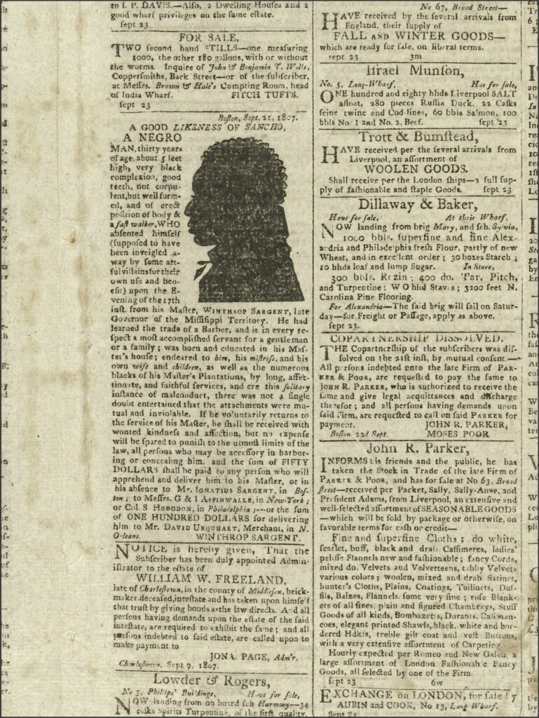 Page from a historical newspaper with a silhouette of an African American man under the headline "A Good Likeness of Sancho, A Negro"