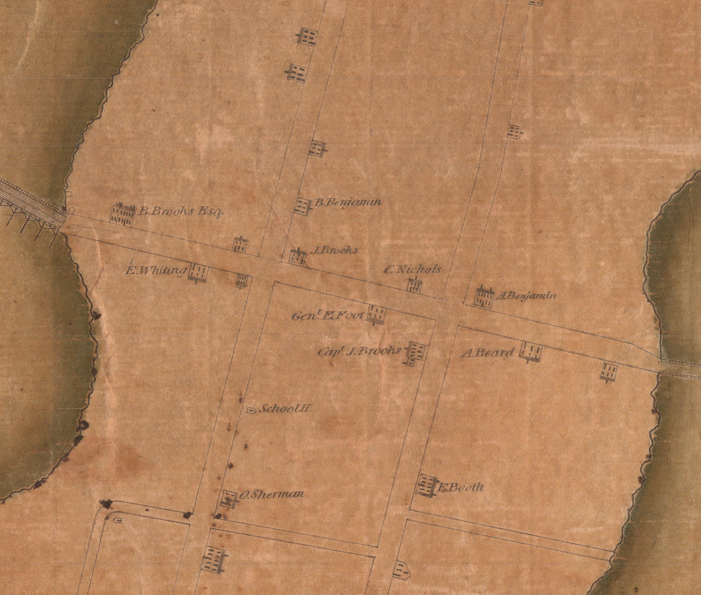A hand-drawn map showing colonial American-style houses set along five intersecting roads