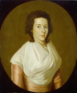 Painted oval portrait of a woman in a simple pink dress and white shawl.