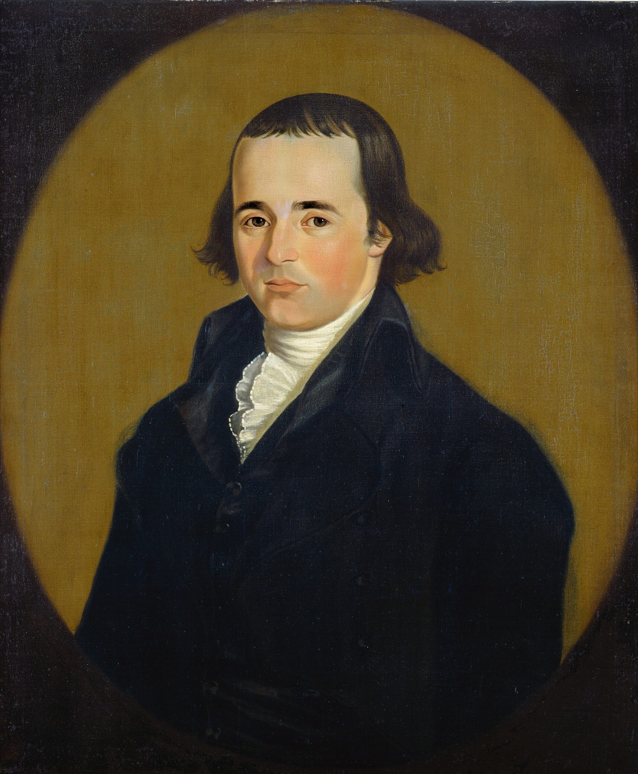 Painted oval portrait of a man in a dark coat and white collar