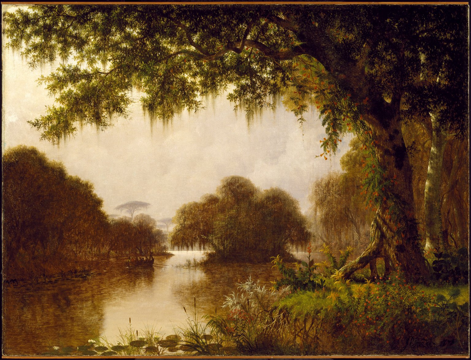 A nineteenth-century landscape painting showing a tranquil river scene with shade trees