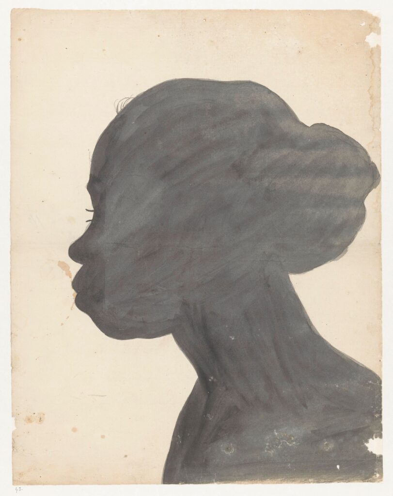 Painted silhouette of a non-European woman facing left