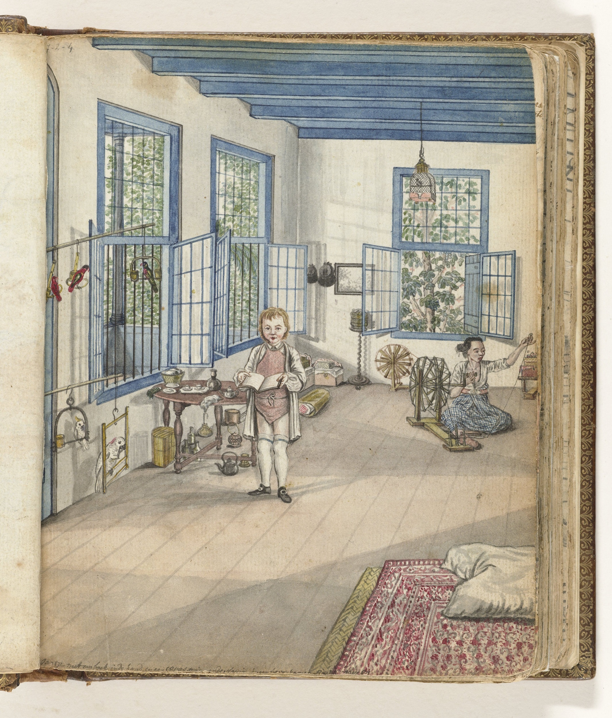 Watercolor of a domestic interior, with a blond boy holding a book in the foreground and a dark-haired woman using a spinning wheel in the background