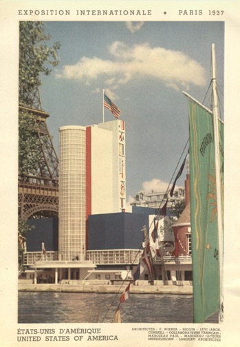 Color poster of an architectural work on the bank of the Seine River in Paris, next to the Eiffel Tower. Words above the image read "Exposition Internationale, Paris 1937"; words below read "Etats-Unis s'Amerique / United States of America"
