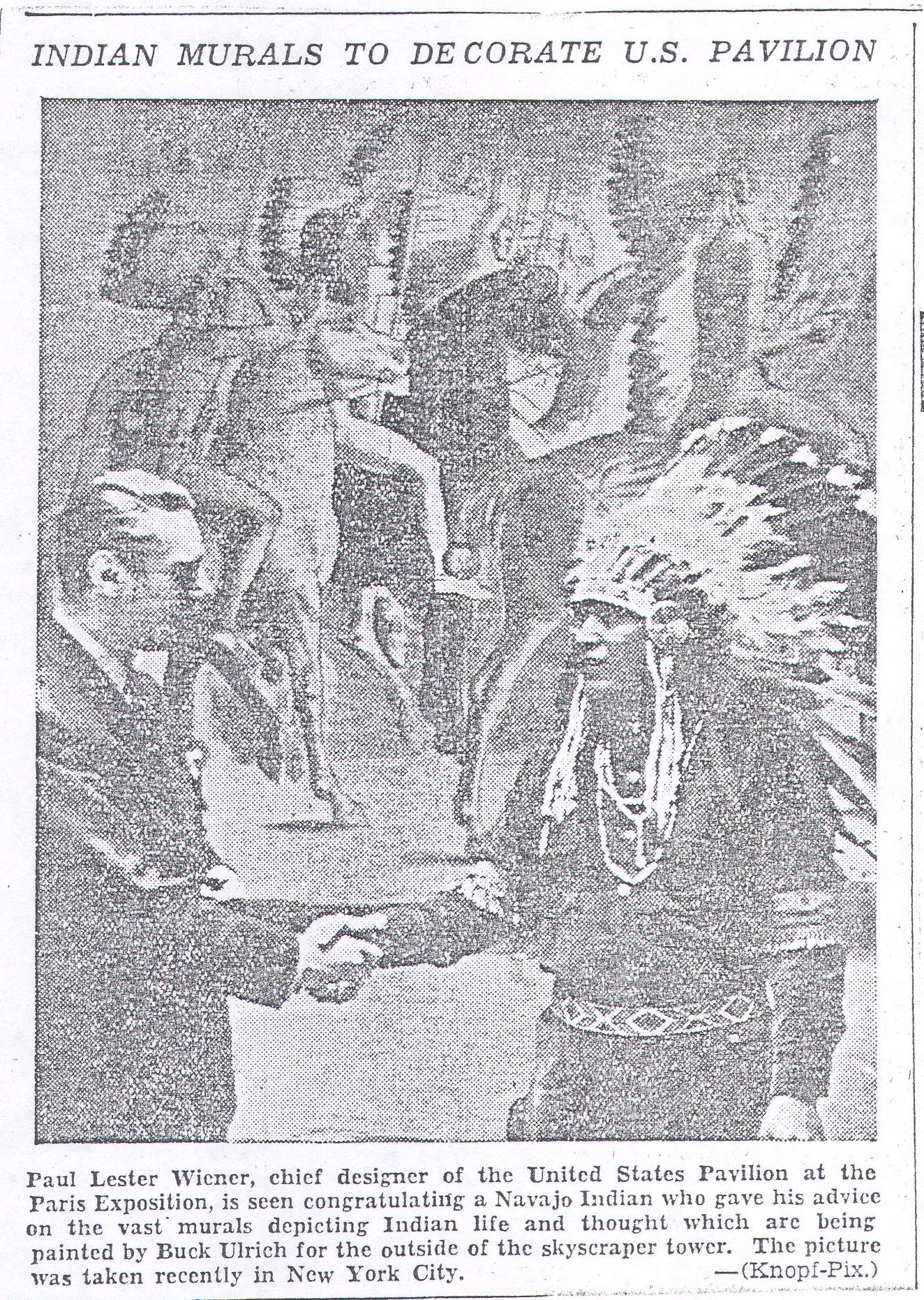 Newspaper clipping of a man in a suit shaking the hand of a man in a Native American feathered war bonnet; the headline reads "Indian Murals to Decorate U.S. Pavilion"