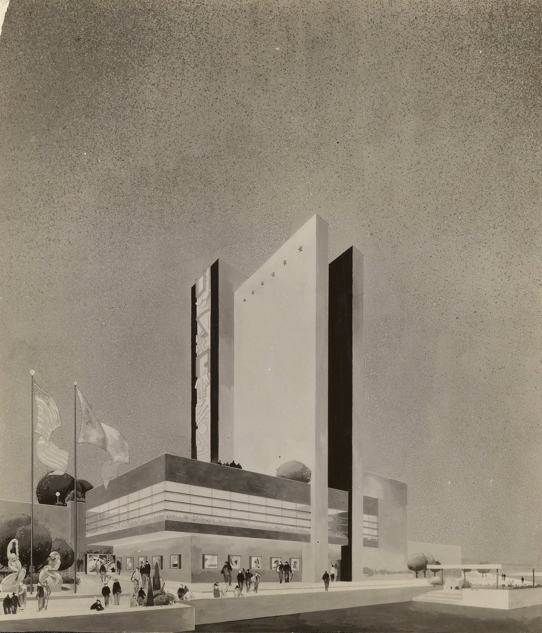 Black-and-white architectural rendering of a modernist building with two intersecting vertical elements, one of which is decorated with murals