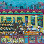 Colorful painting of a factory building with its front wall removed, so that the viewer can see the workers inside