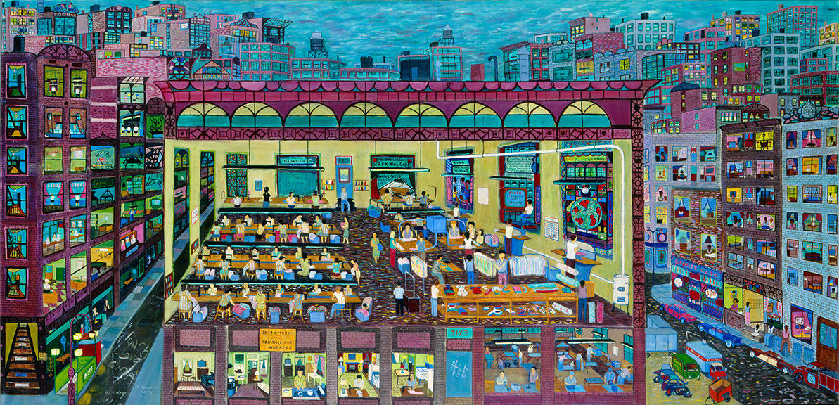 Colorful painting of a factory with its front wall removed to allow the viewer to see the workers inside
