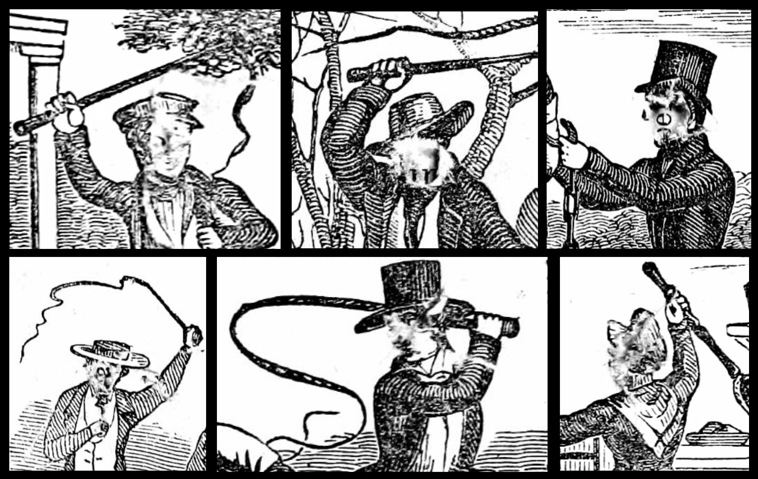 Details of black-and-white illustrations of white people with weapons, arranged in grid format. All the faces have been scratched out.