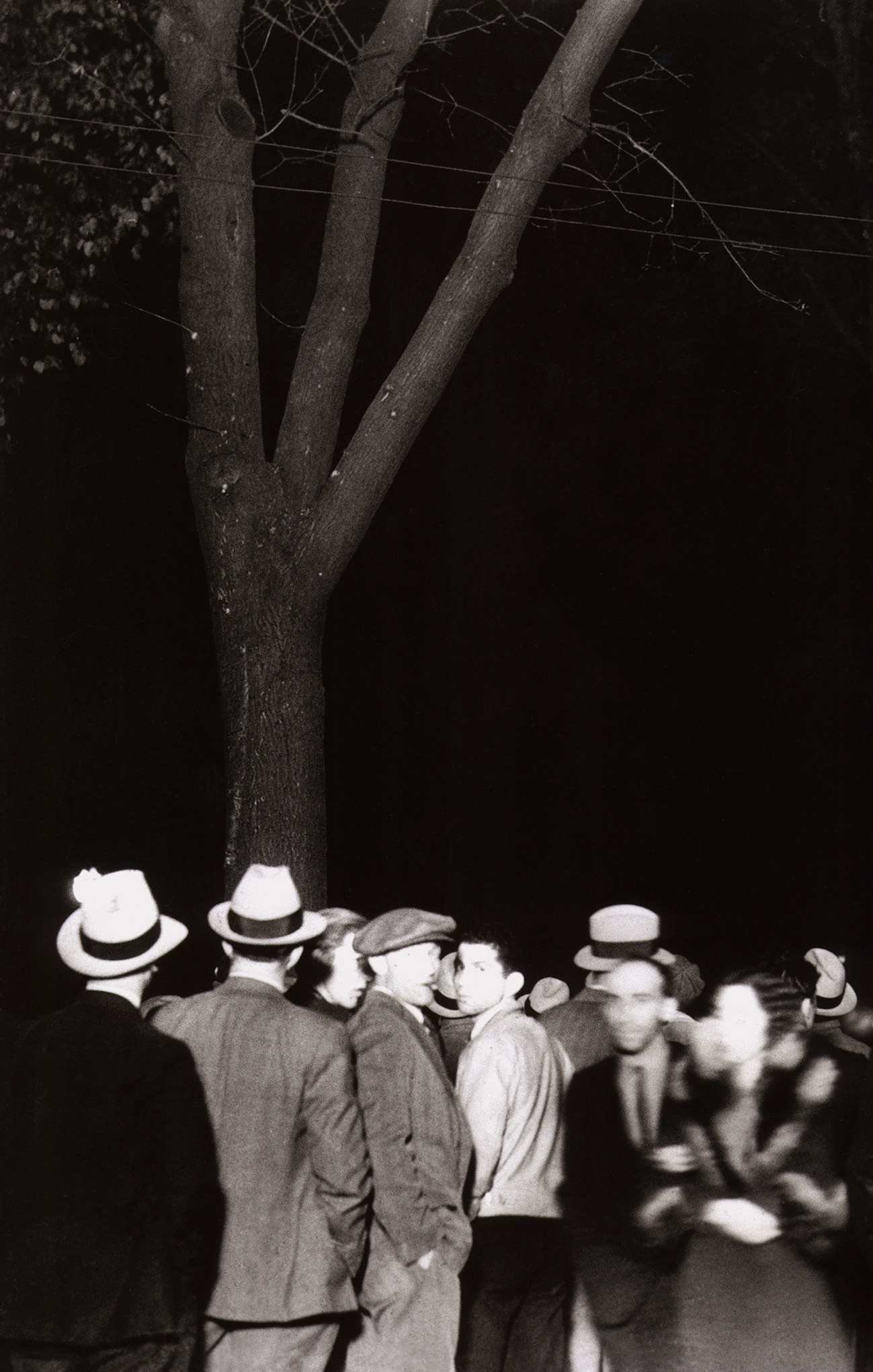 Black-and-white nighttime photograph of a group of white men in hats in front of a tree