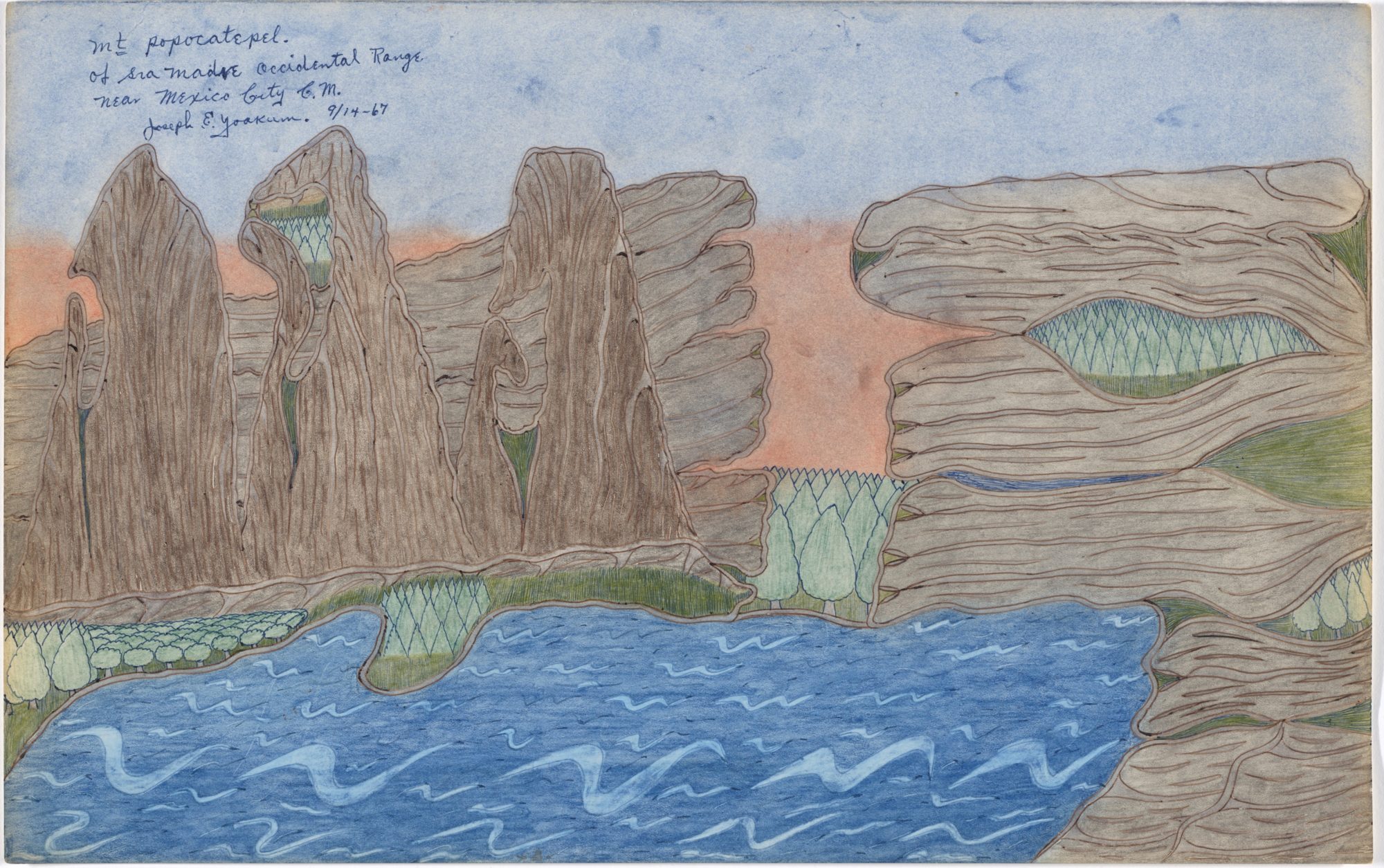 Colored-pencil drawing of a body of water, in bright blue, framed by green trees and brown mountains and cliffs. An inscription in the upper right, in ball-point pen, reads "Mt Popocatepel of Sra Madre Occidental Range Near Mexico City C.M."