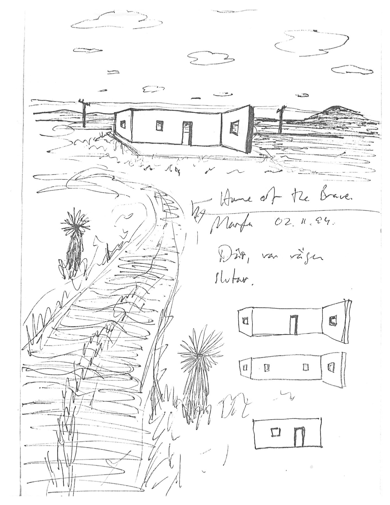 Drawing of a freestanding wall with door and window openings in a desert landscape, with mountain in the background and a winding road in the foreground