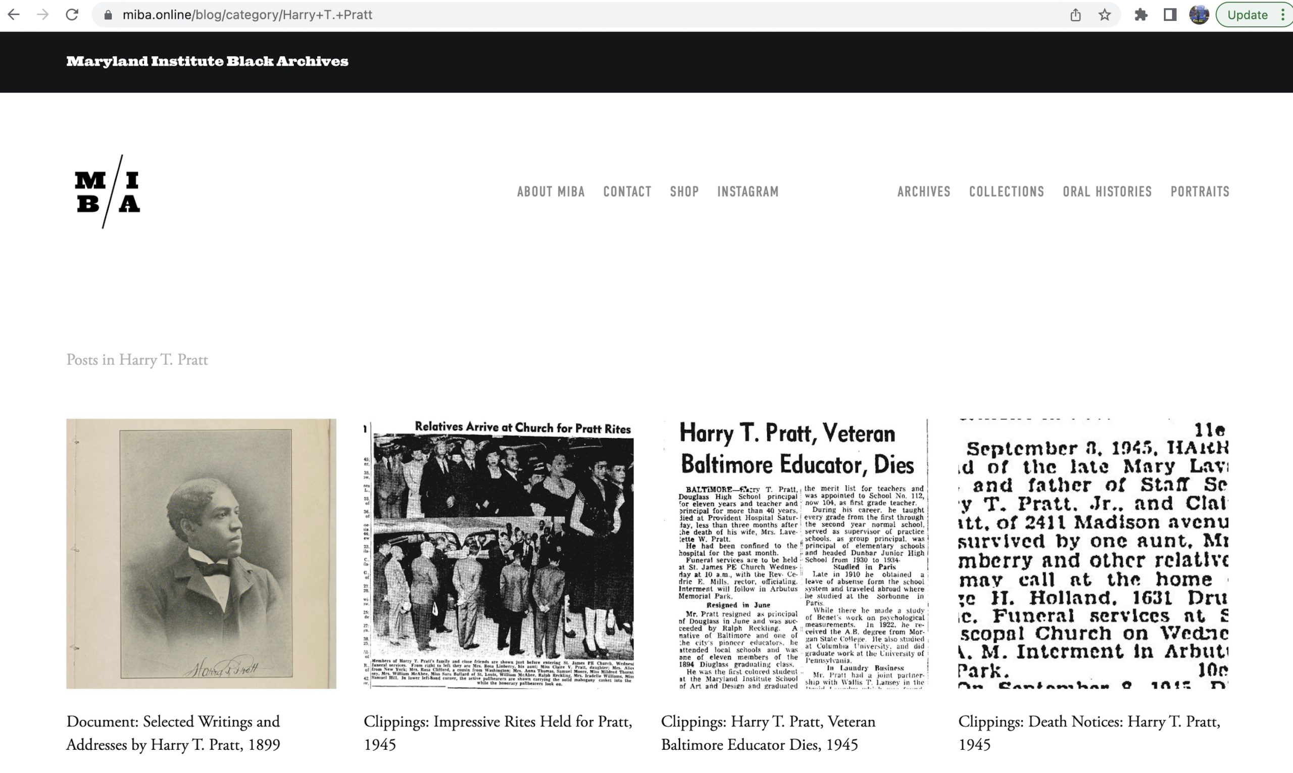 Screenshot of a page on the Maryland Institute Black Archives website showing four square thumbnail images of archival items with brief captions underneath