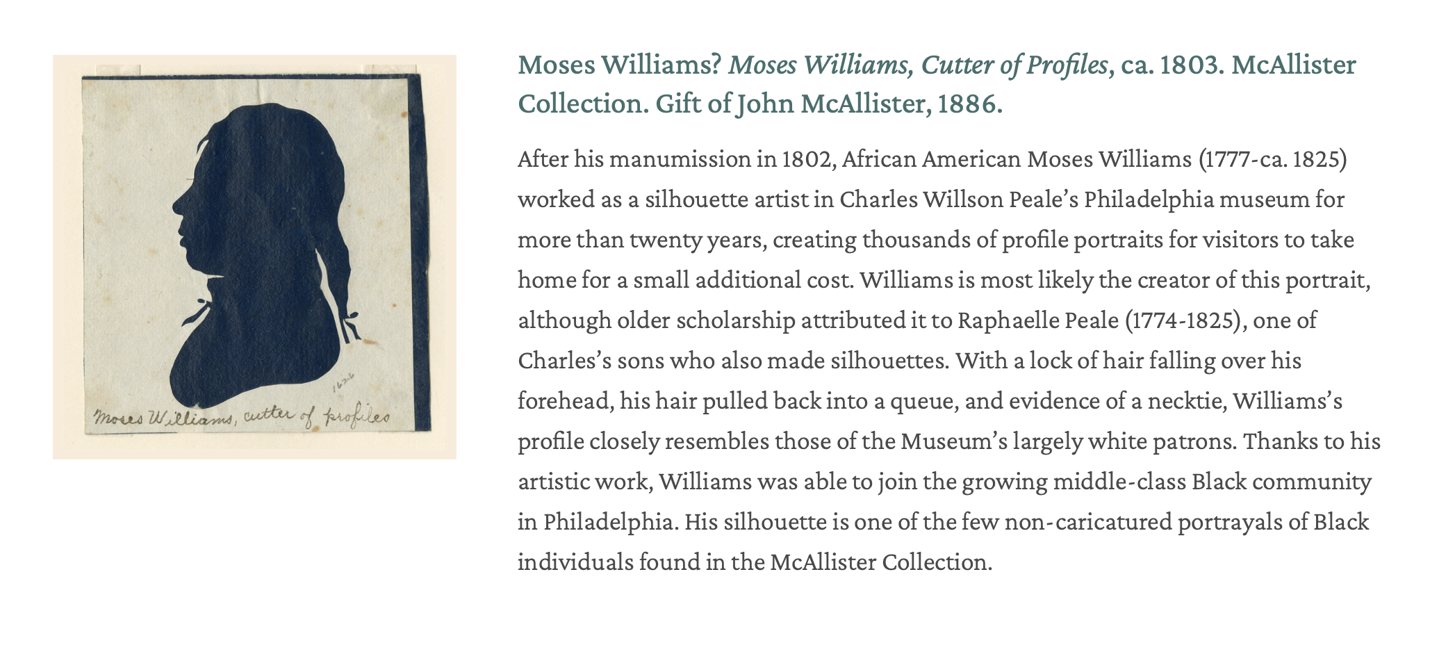 Detail of a profile silhouette of a man with a ponytail. Text to the right includes the title of the object ("Moses Williams, Cutter of Profiles") and an interpretive text.