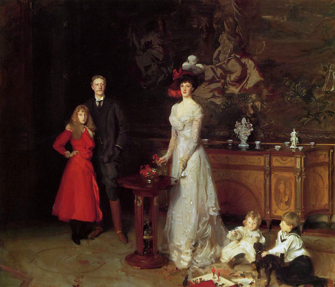 Oil painting of a woman in a long white dress with two young children and a small black dog at her feet. To the left stand a man in a black suit with his arm around the shoulder of an adolescent girl dressed in red.