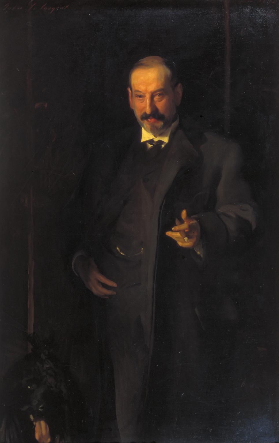 Oil painting of a middle-aged man in a dark suit against a dark background, holding a cigar