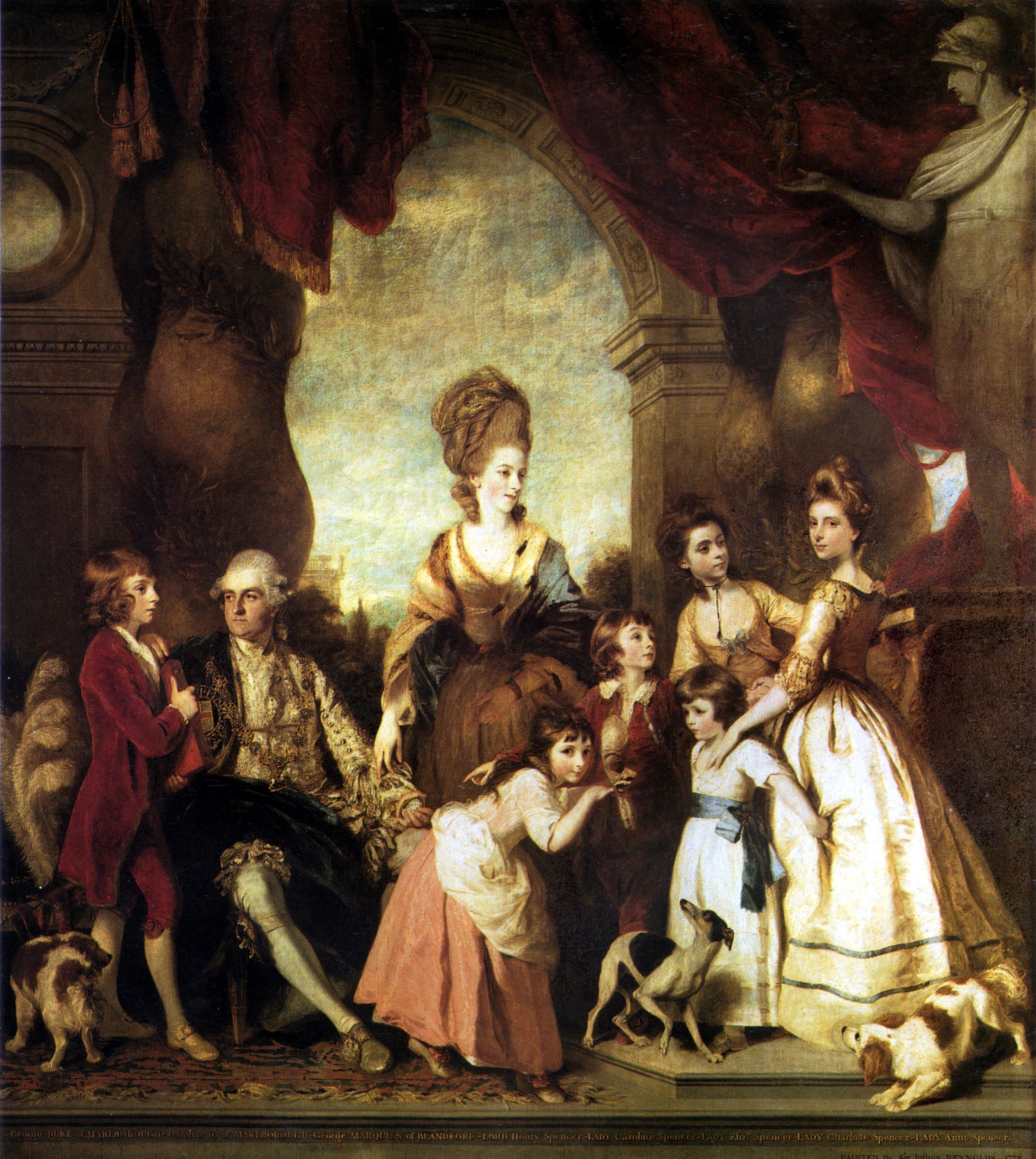 Oil painting of a family in a classical interior, featuring a standing woman at center with a bouffant hairdo, accompanied by a man in a white wig and six children of varying ages.