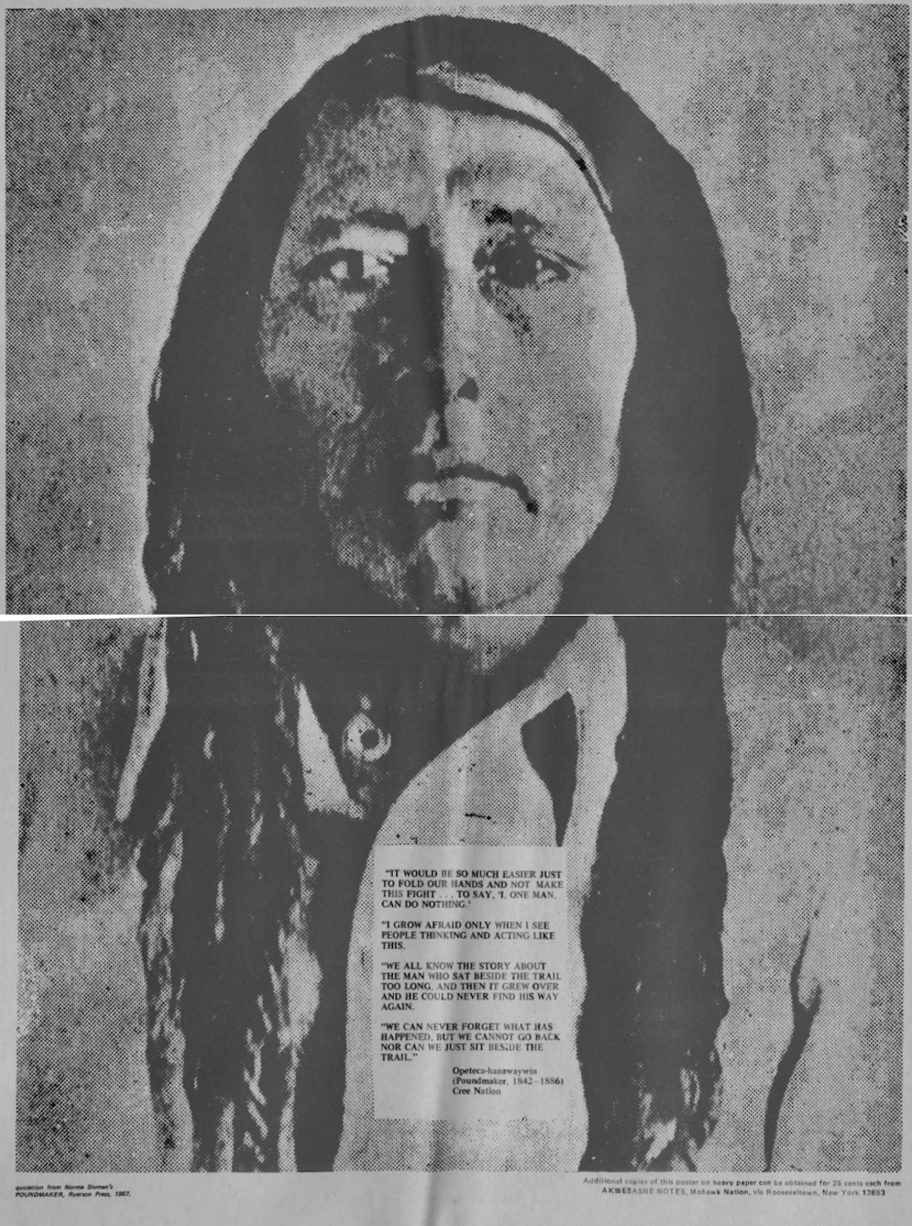 Black-and-white duotone image of a Native American man seen from the shoulders up.