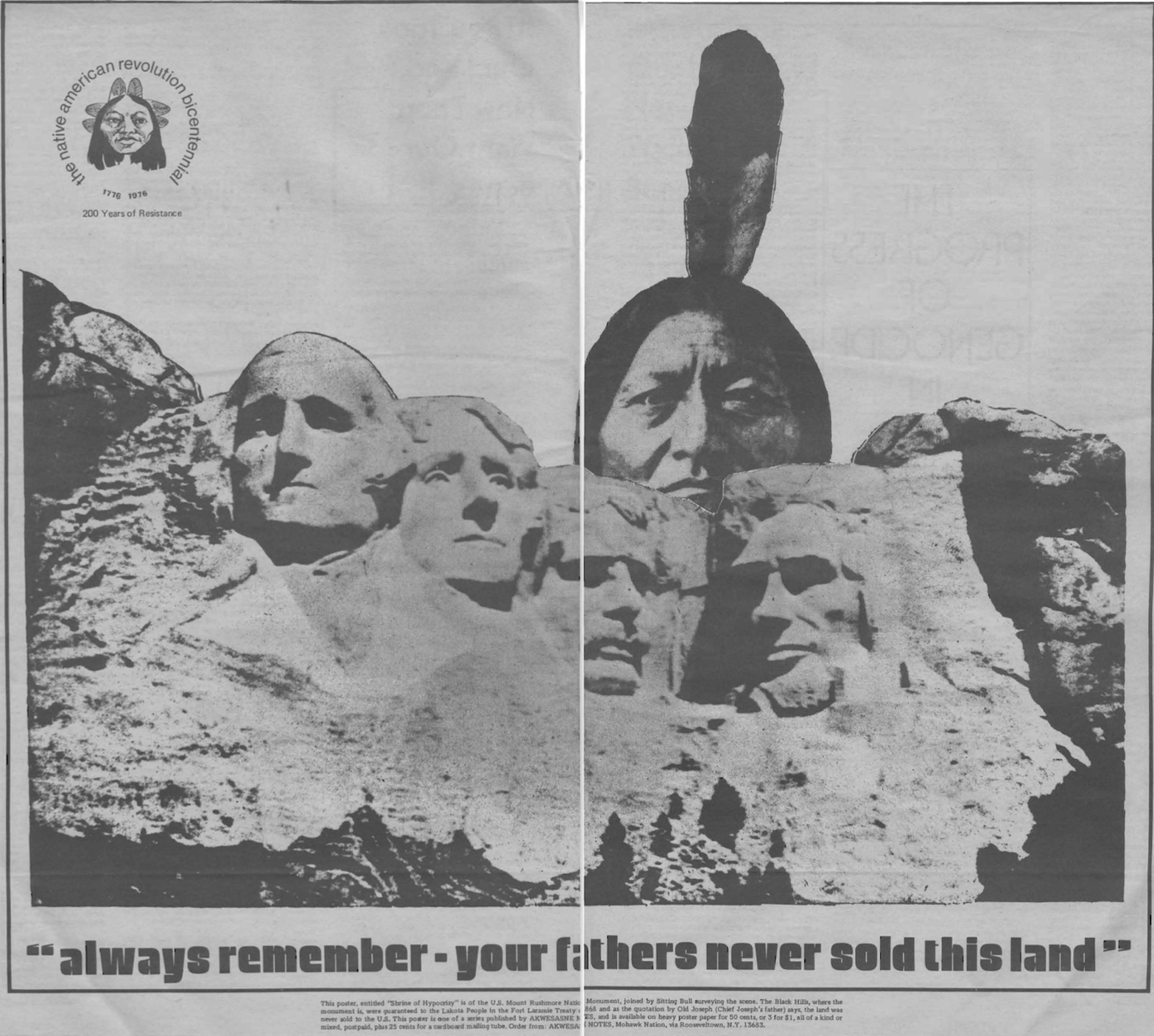 Black-and-white duotone photograph of Mount Rushmore with the head of a Native American rising above it from behind
