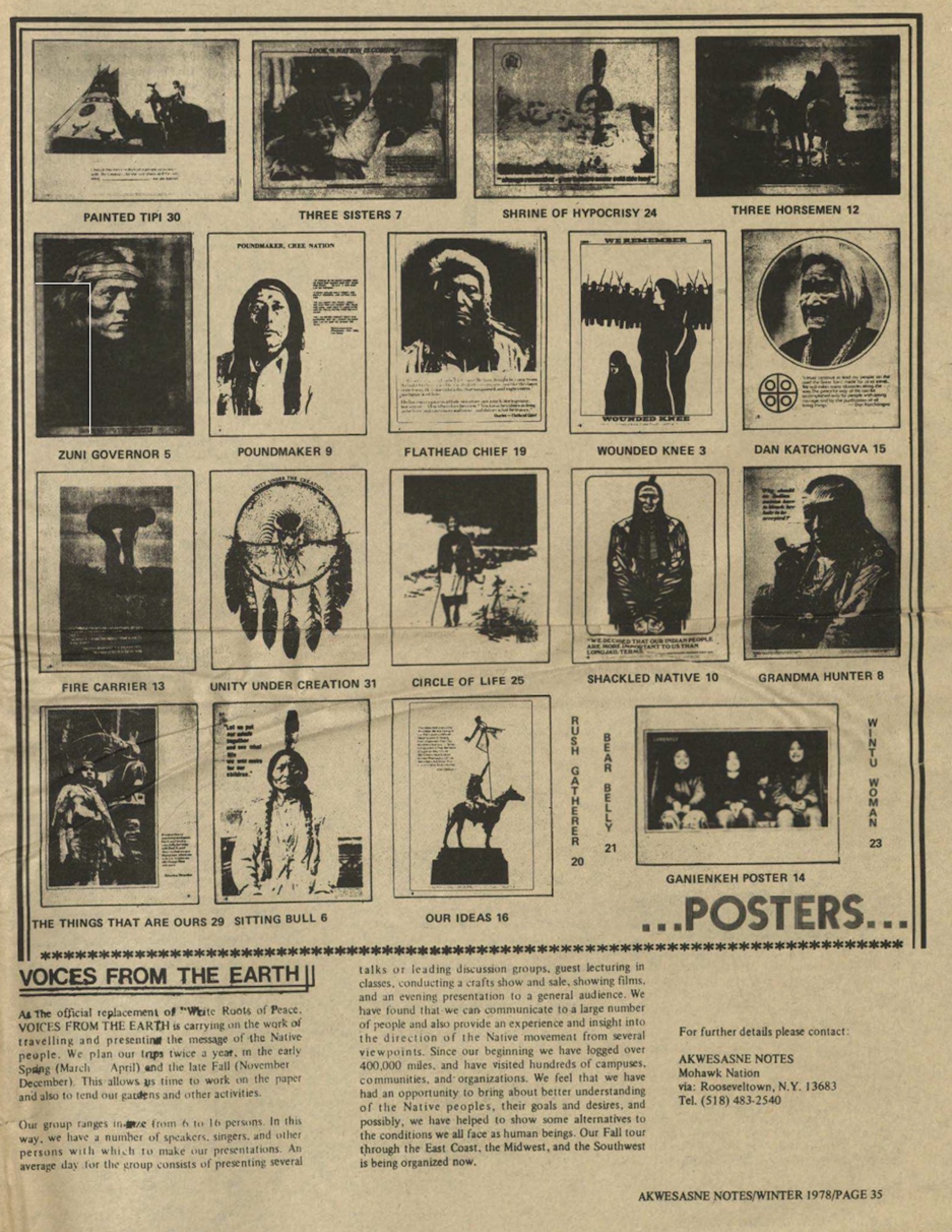 Full-page black-and-white print advertisement for a poster series "VOICES FROM THE EARTH," showing 18 differnt options