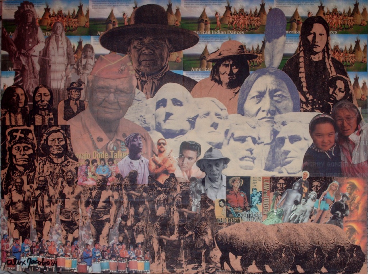 Colorful collage including American, Western, and Native American imagery
