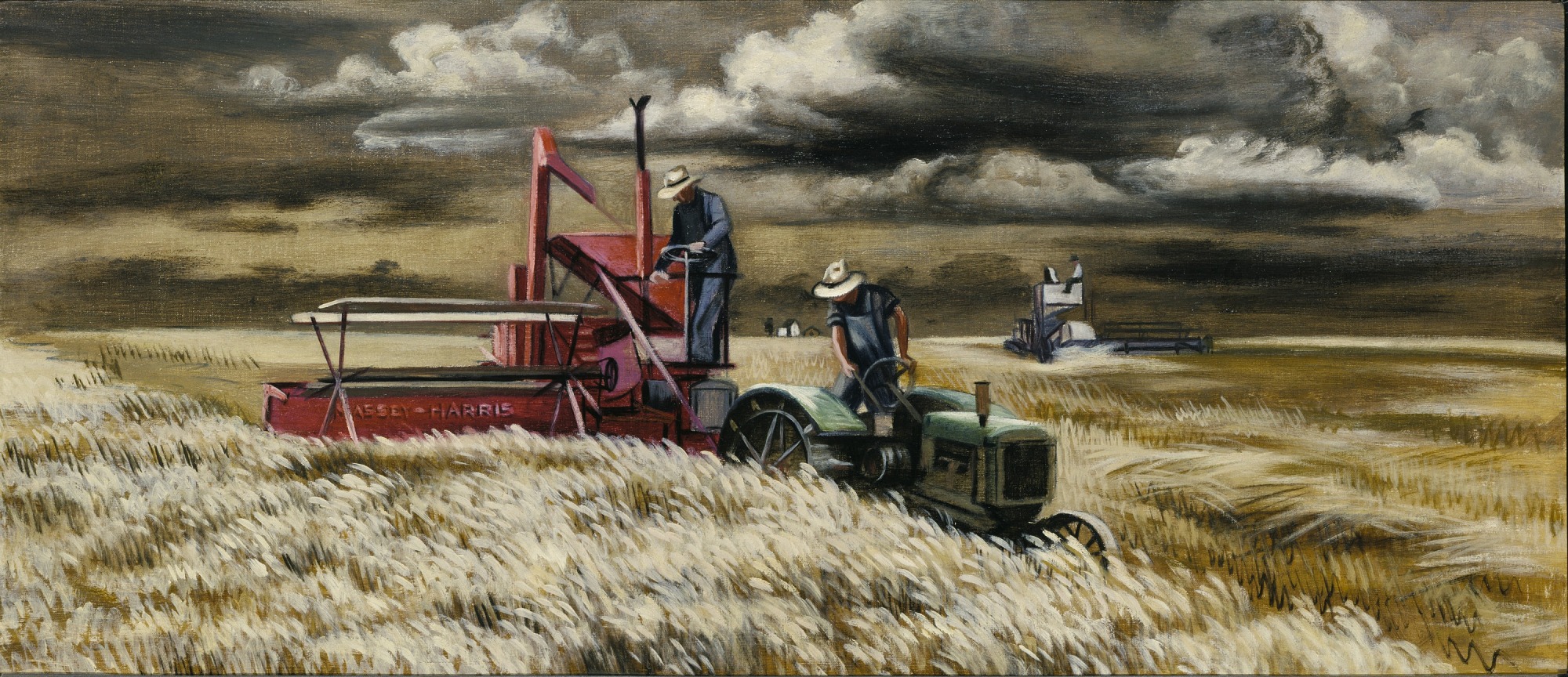 Oil painting of two men working a wheat field in a red thresher and a green tractor, with a farmhouse set against a cloudy sky in the background.