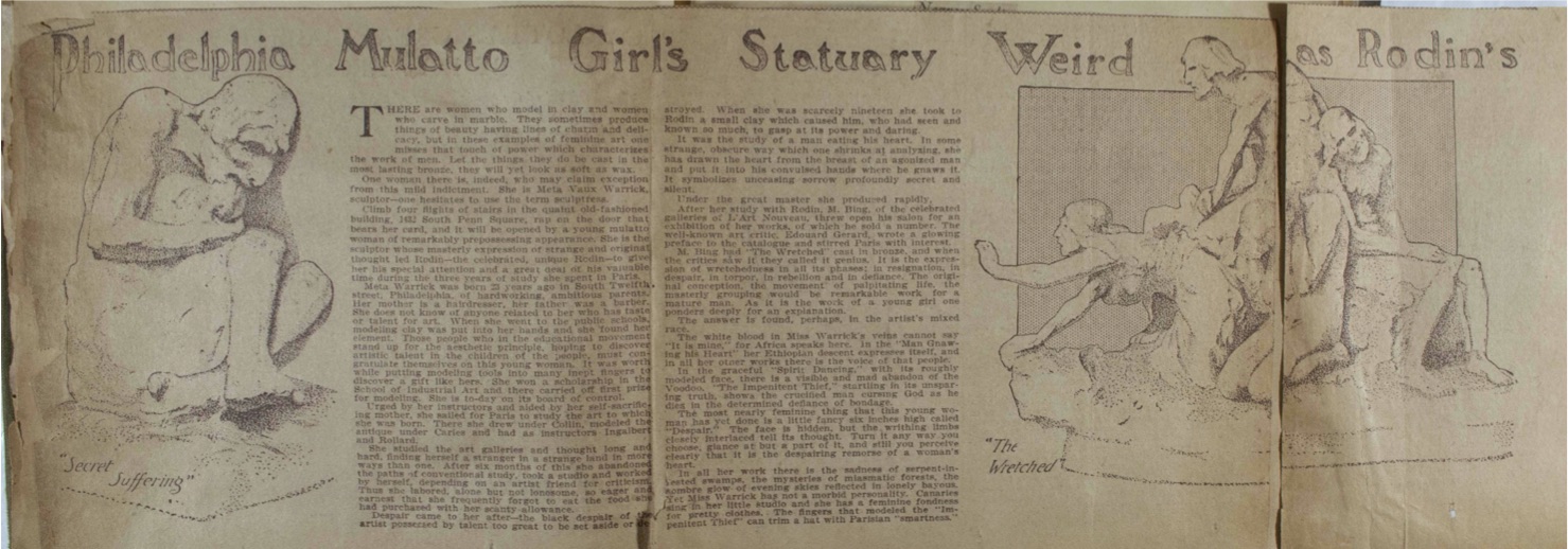 Newspaper clipping, with pages spliced together to form a horizontal composition, titled "Philadelphia Mulatto Girl's Statuary Weird as Rodin's"