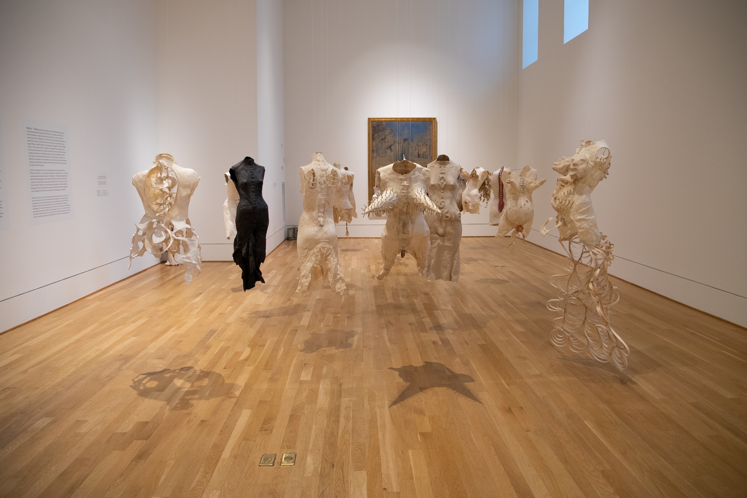 Interior view of a museum gallery with white walls and a wood floor, filled with sculptures of partial torsos.