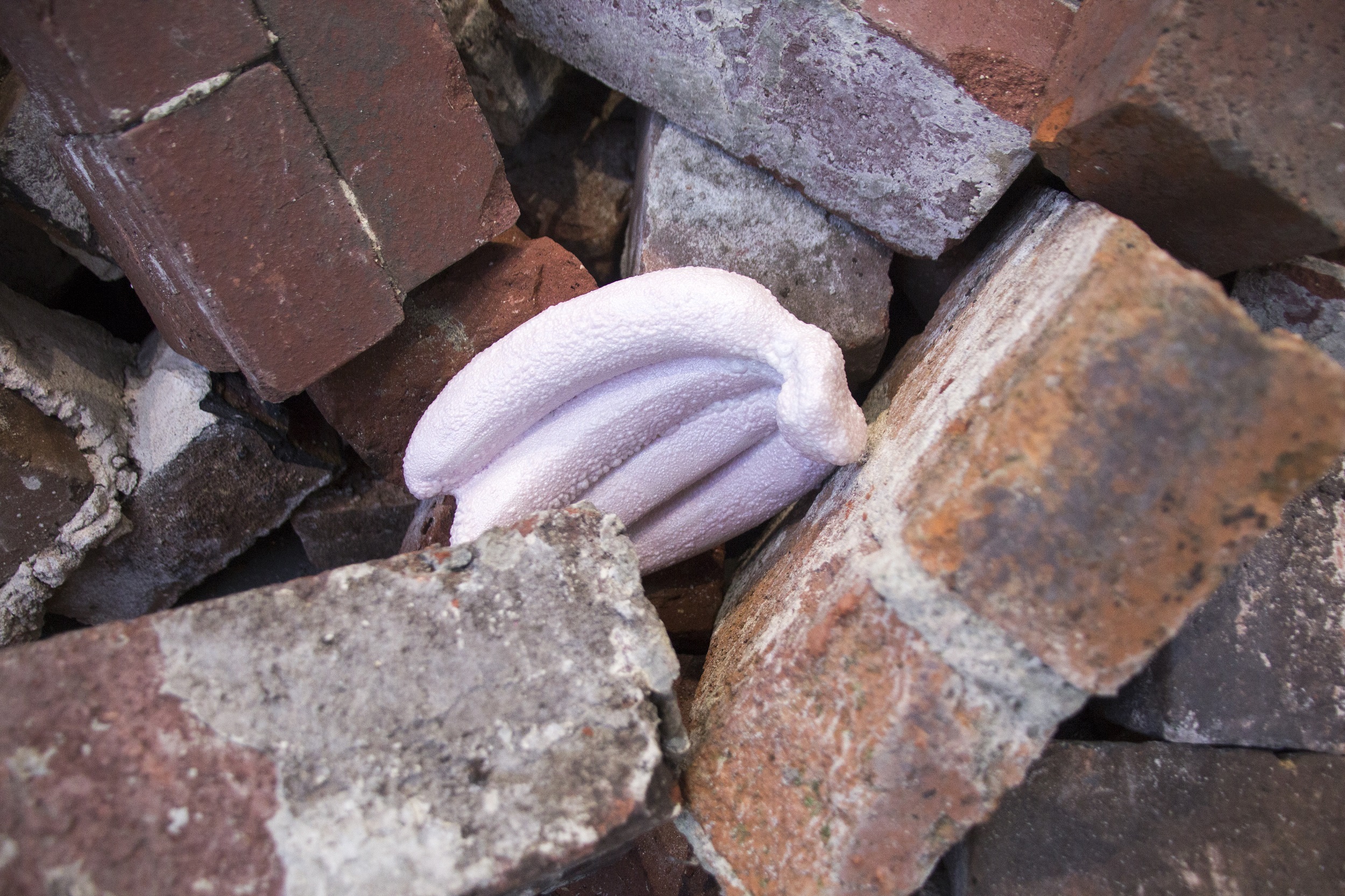 Close-up color photograph of a pile of fire-scarred bricks, with a pale-pink bunch of bananas in the center
