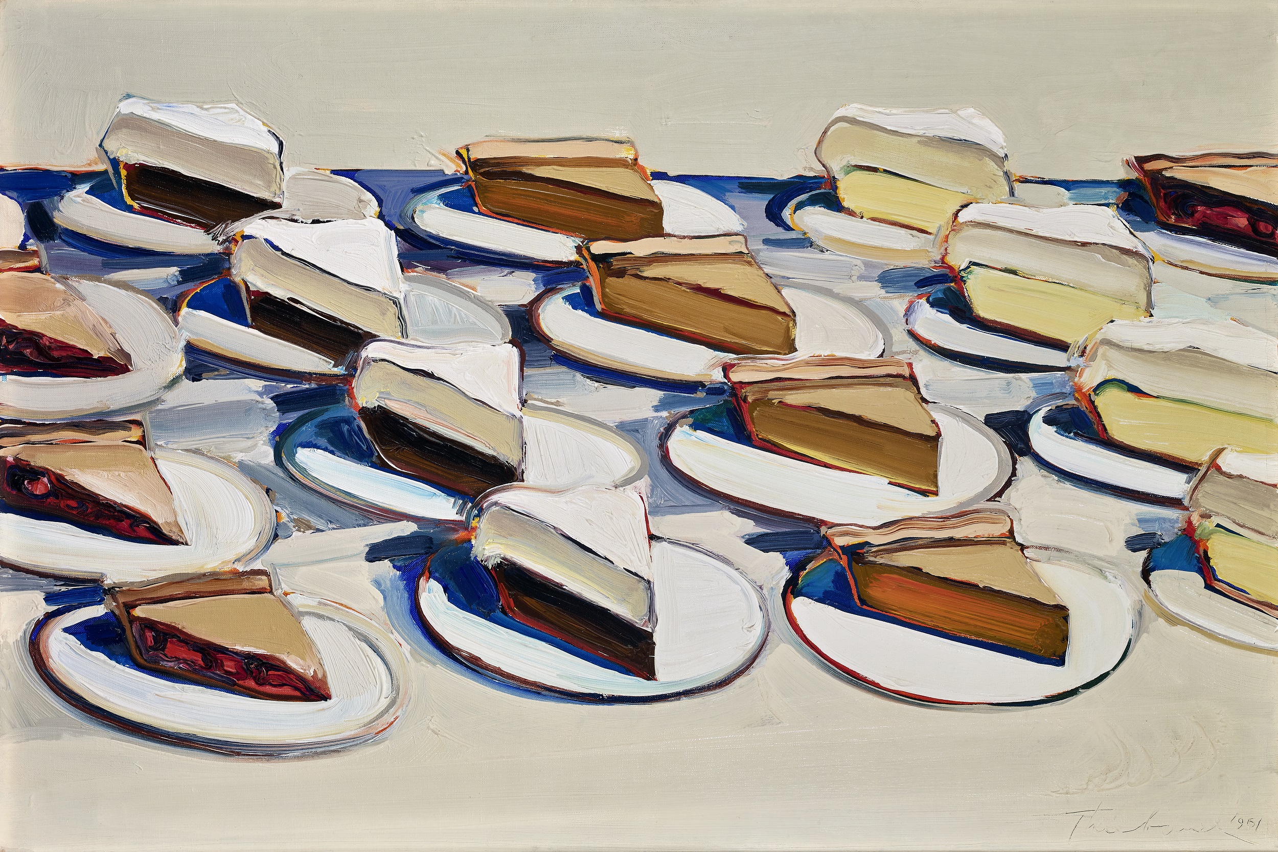 Oil painting of slices of five different kinds of pies on small white plates.