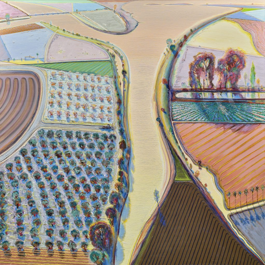 Oil painting of an aerial view of cultivated fields in tones of yellow, orange, and green-blue