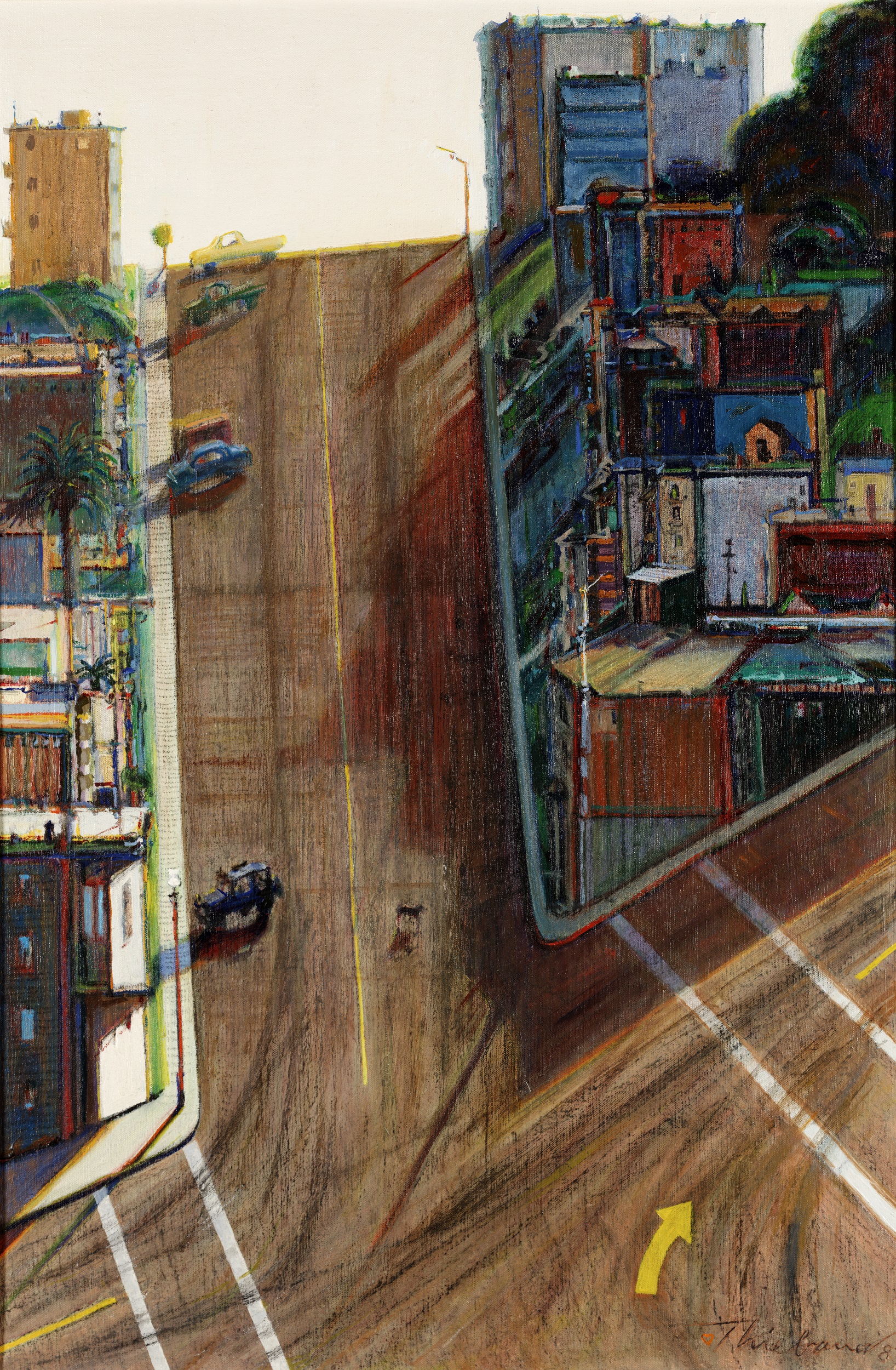 Oil painting that shows an aerial view of an urban streetscape, with the roads coming together at an angle