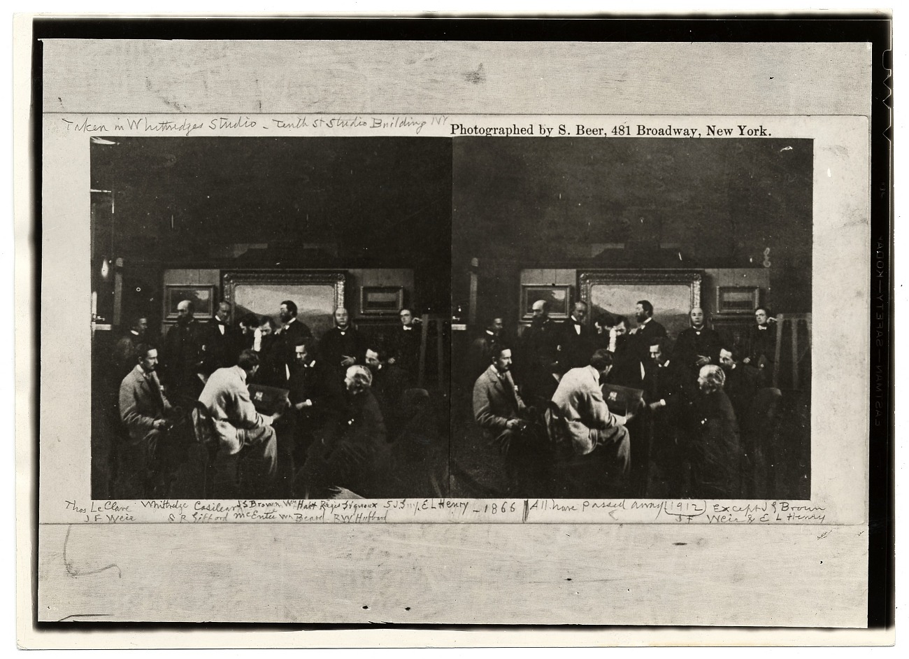 Black-and-white stereoview of a group of well-dressed men engaged in conversation in a high-ceilinged room filled with paintings. 
