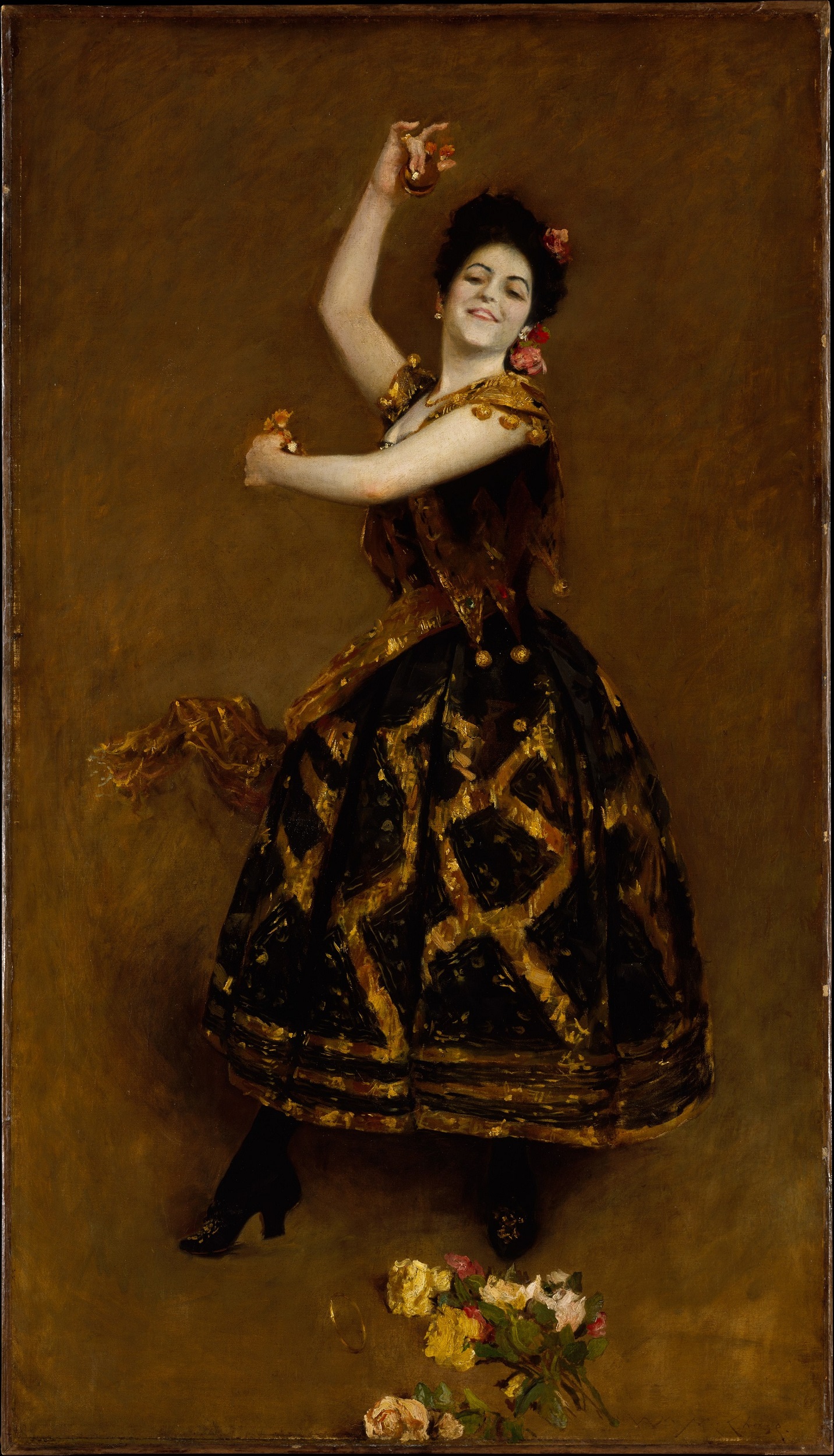 Oil painting of a dark-haired woman in an ornate dress dancing, with castanets in her fingers.