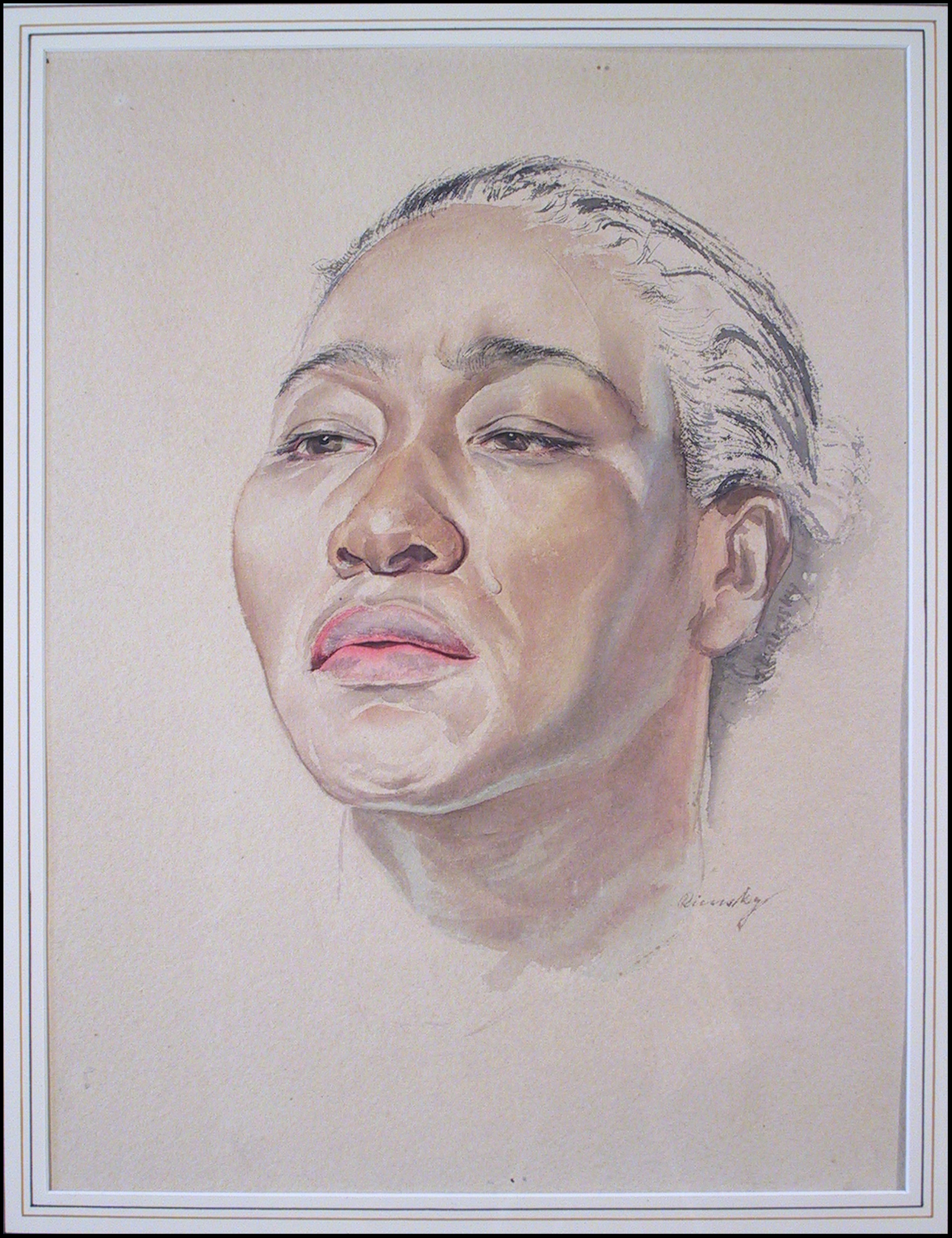Watercolor portrait head of a middle-aged African American woman