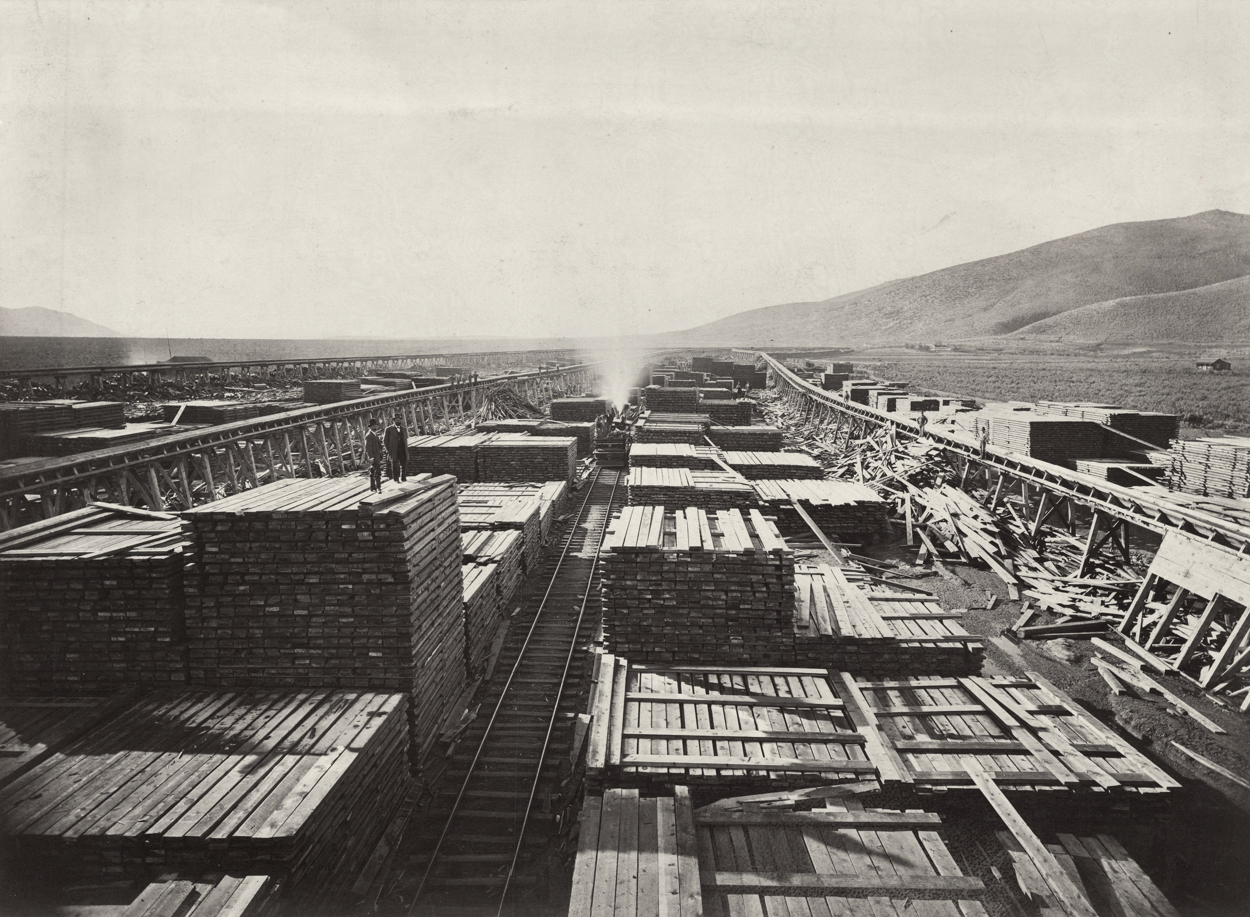 Black-and-white photograph of a lumberyard with distant mountains beyond, to the right.