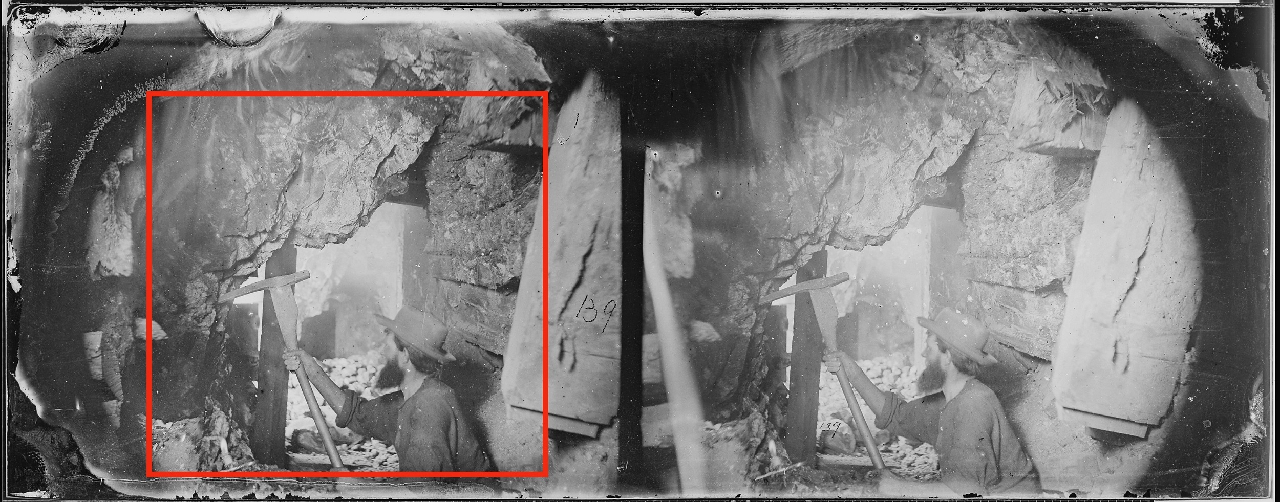 Black-and-white stereoview of a man with a beard and brimmed hat using a pickaxe in the interior of a mine. The center portion of the left-hand image is demarcated by a red square.