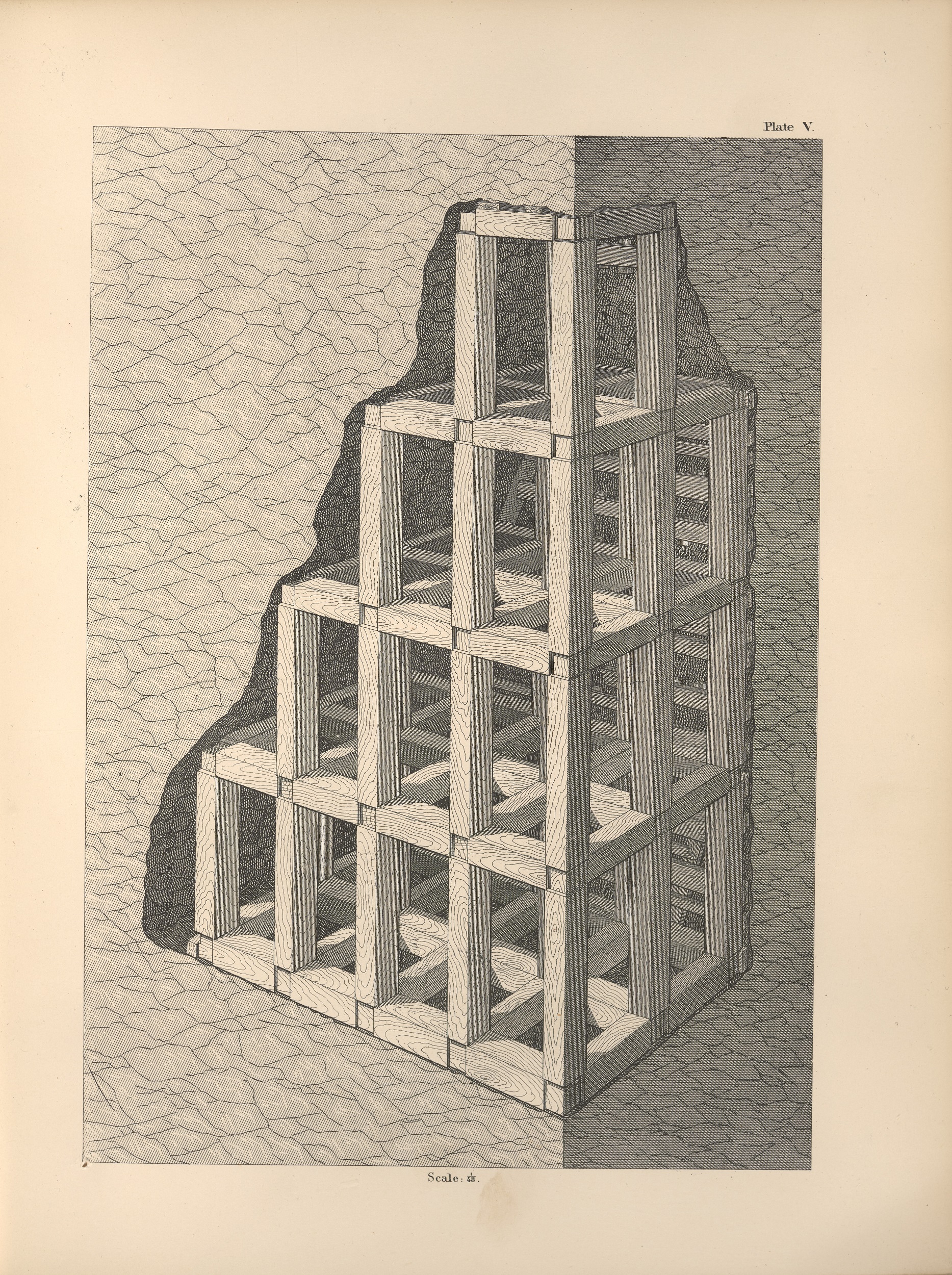 Black-and-white engraved illustration of honeycomb-like structure of timbers inside a mine