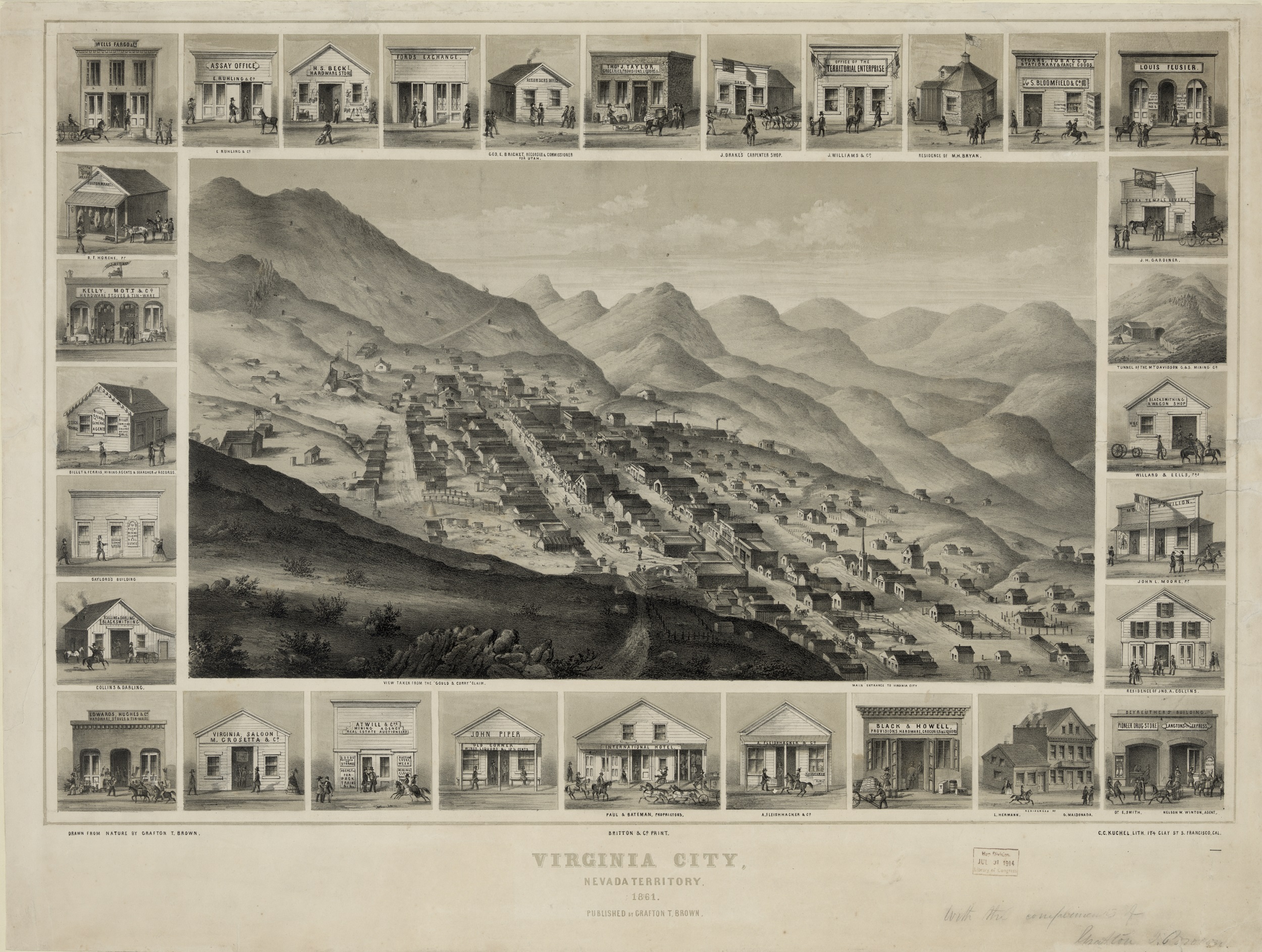 Black-and-white print with bird's-eye view of Virginia City, surrounded by vignettes of individual buildings.